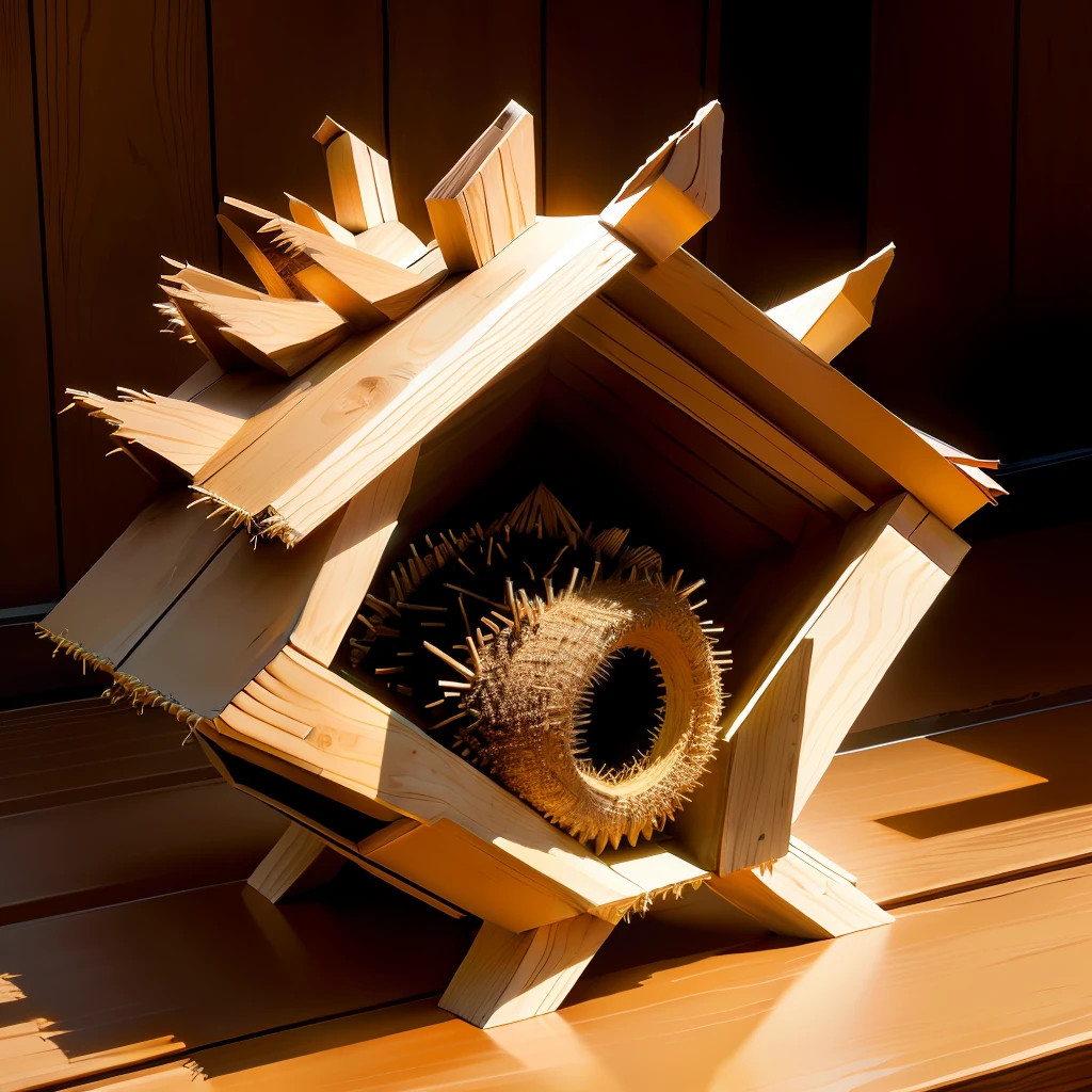 wooden structure in the shape of a porcupine with bugs living inside it