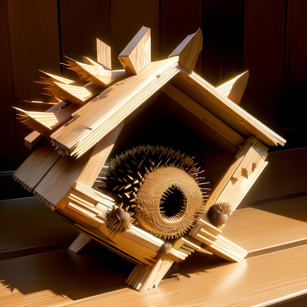 wooden structure in the shape of a porcupine with bugs living inside it