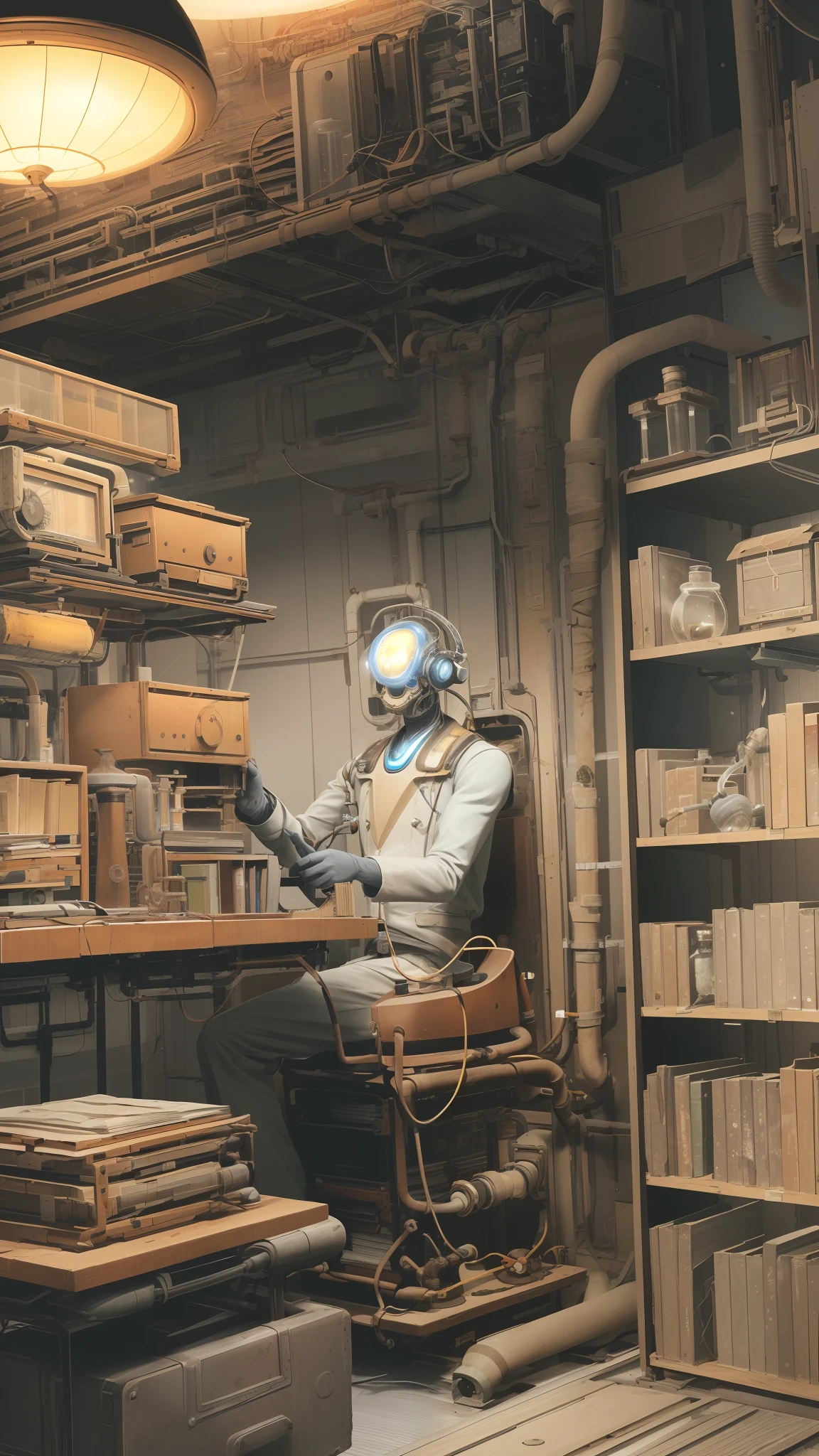 Retro Teslapunkai , Valvepunk, Scientist in laboratory , Disordered environment with various books and strange machines, Artificial intelligence.dwemertech, computer,