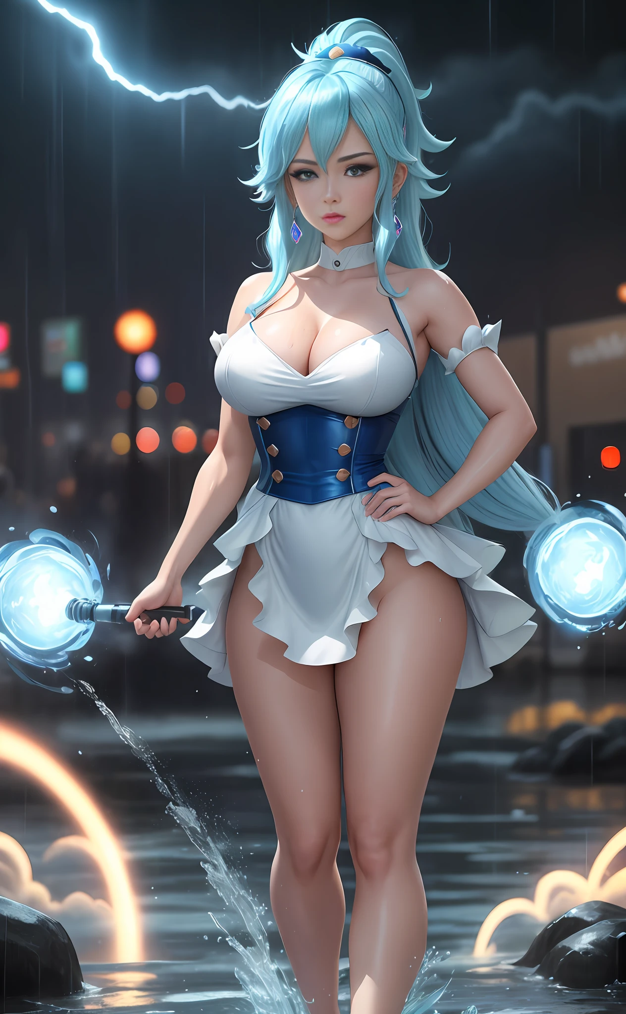 8k,Unreal Engine,Anime Style,max resolution+quality+details+sharpness,Full body portrait of Princess Peach in Dragon Ball:Transformed Super Saiyan,wet body,blue hair,bright blue eyes,white wedding outfit.BG:city+rain+fort.masterpiece,looking at the viewer+front,furious face,concentrating strong blue magic aura like a hurricane
