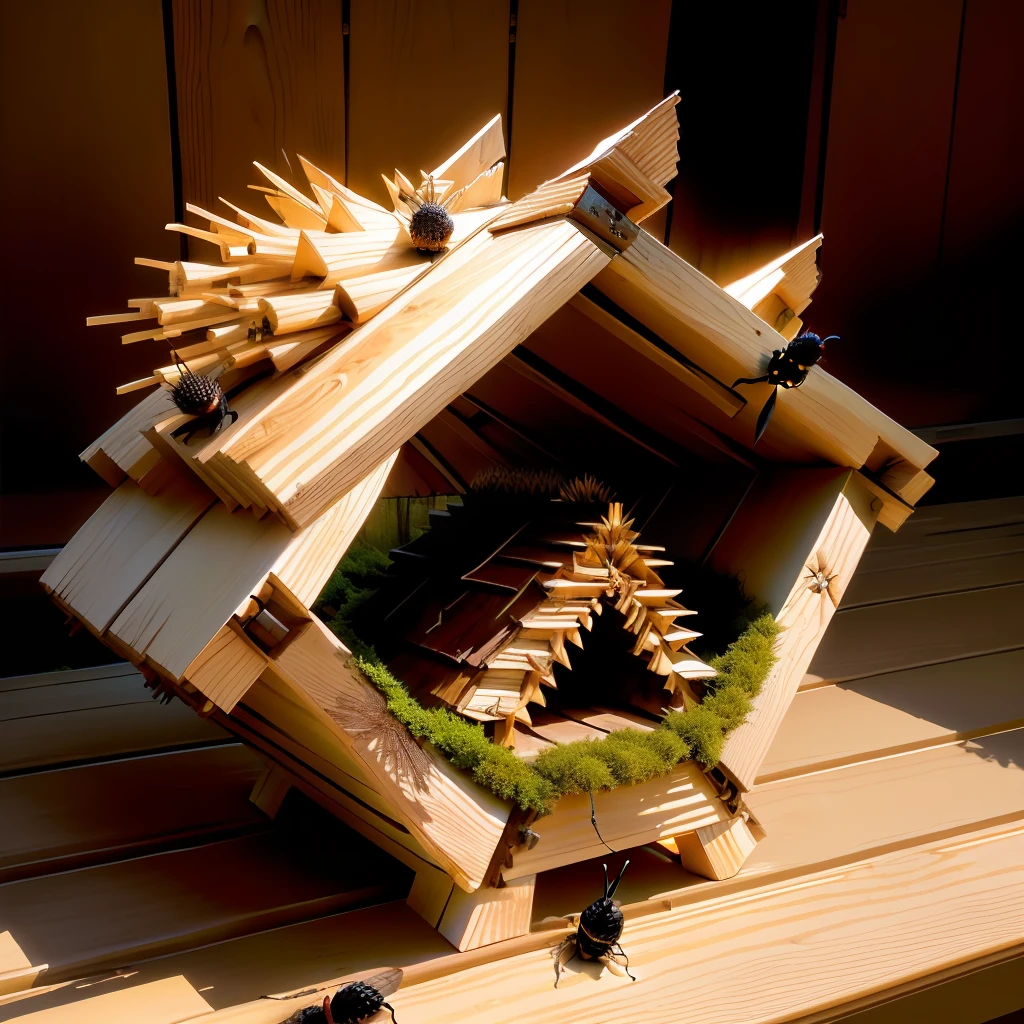 wooden structure in the shape of a porcupine with bugs living inside it