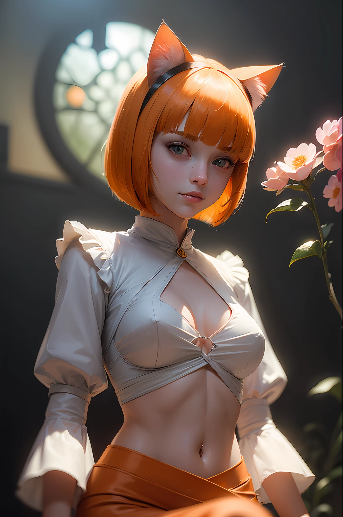 (Masterpiece:1.2), ((portrait:2)), look at viewer, best quality, (illustration:1.2), (ultra-detailed), Eye focus, 1girl, (cat ears:1.3), (cat girl), beautiful girl, green eyes, ultra detailed eyes, (cat ears:1.3) , (cat girl), (bellybutton:1.5), (orange bob cut hair:1.5), (realistic bounce lighting:1.2),((caustic)), (best illumination, an extremely delicate and beautiful), ((cinematic light)), dynamic angle, beautiful detailed glow, ambient occlusion, ambient light, ray traced reflections,(best illumination, an extremely delicate and beautiful), plants, many flowers, (magic clothes), magic garden, (magician's hat), two side light source, post-processing, global illumination, detailed and intricate environment, modelshoot style, 8K UHD, concept art, octane render, comic style