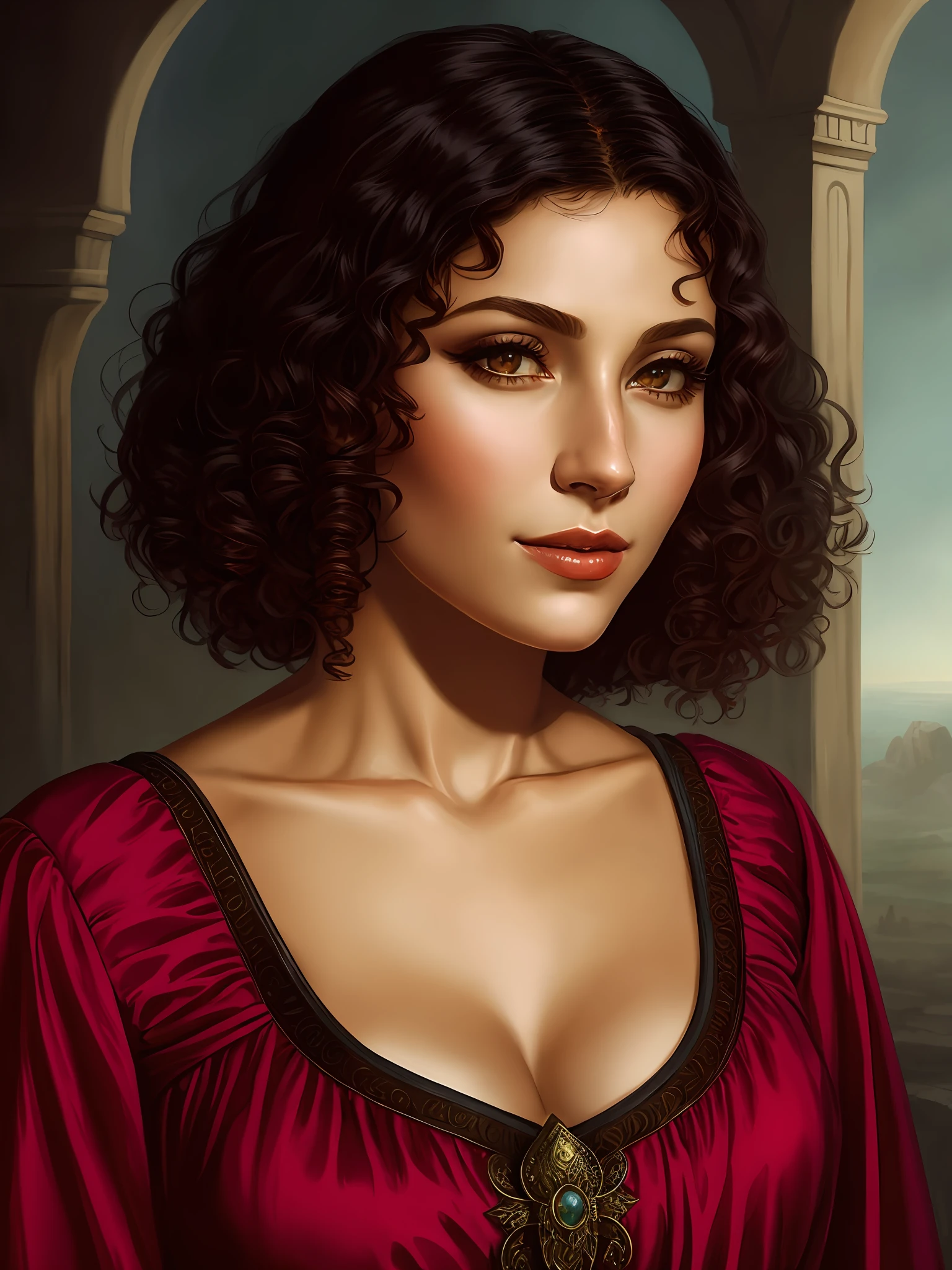 a close up of a woman in a red dress with a necklace, fantasy characture portrait, fantasy character portrait, detailed character portrait, renaissance digital painting, fantasy genre portrait, portrait of megara, detailed beauty portrait, beautiful character painting, fantasy portrait art, realistic spanish woman painting, detailed matte fantasy portrait, digital fantasy portrait, charlie bowater character art, detailed beautiful portrait