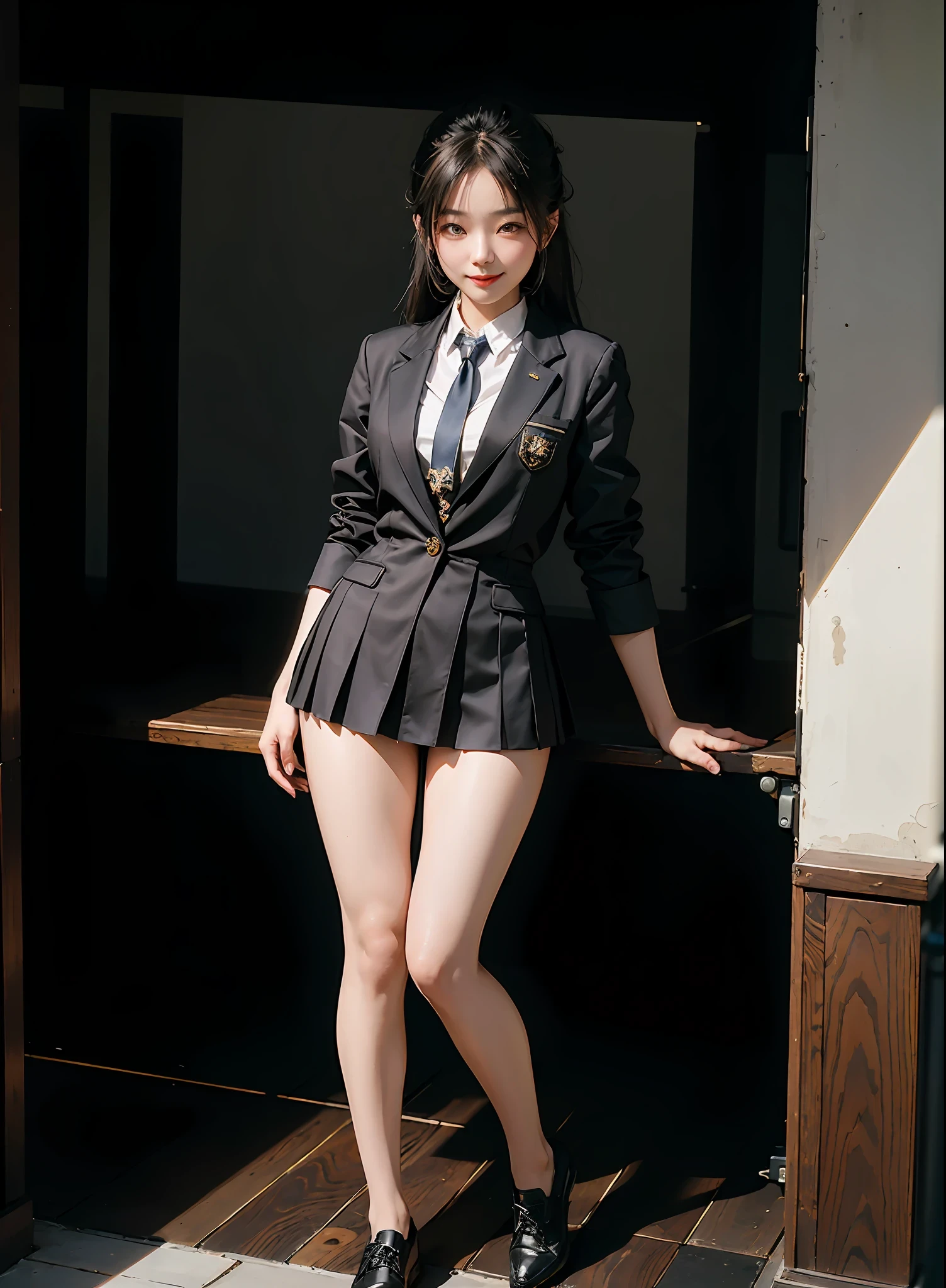 Full Body Shop, (Best Quality,Korean Girl,Smile,Sexy Body,Official Art), Unity 8K Wallpapers, Very detailed, Beautiful and aesthetic, Professional lighting, (AF-S nikkor 58mm f/ 1.4G lens,Top shadow),Evil smile,School uniform,