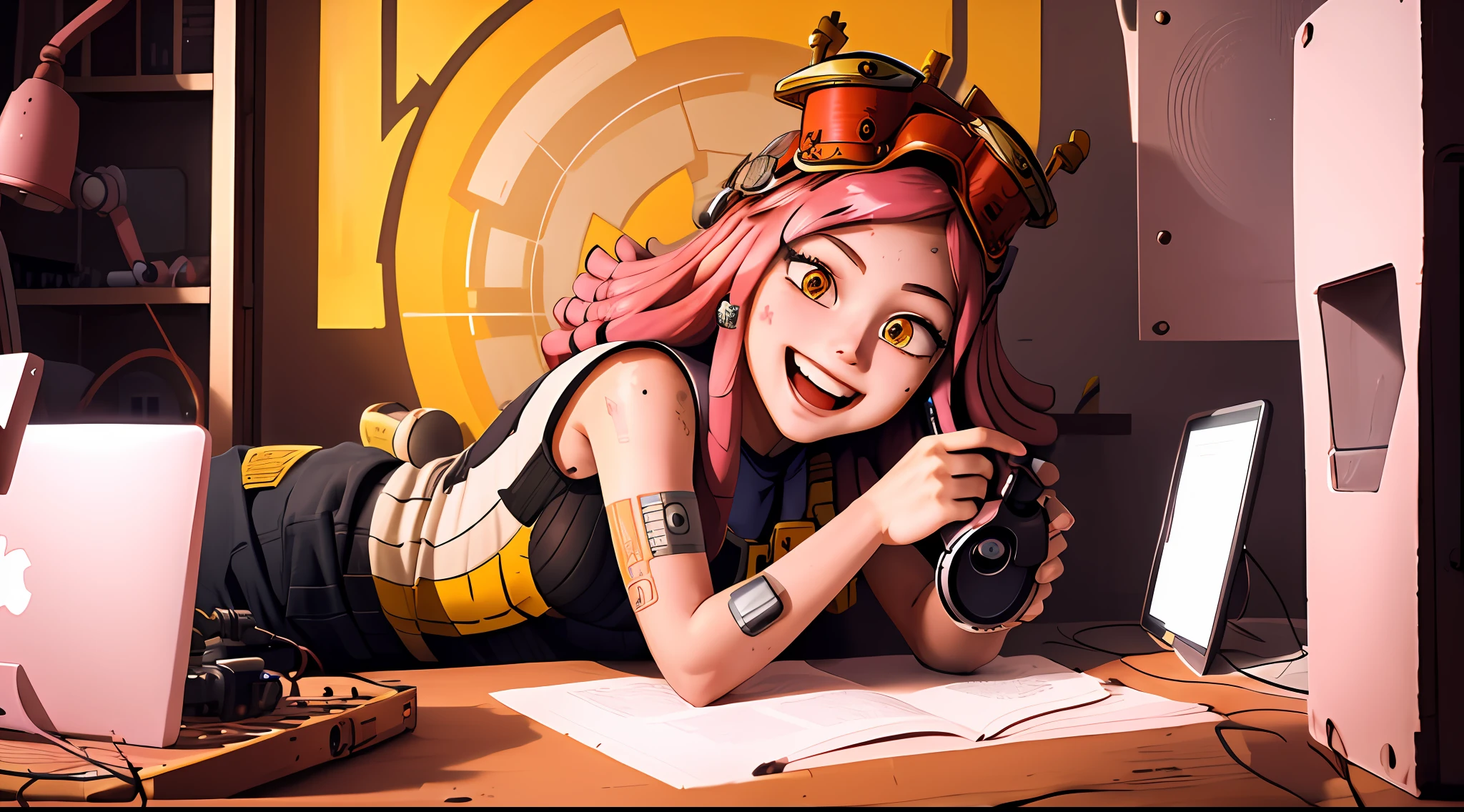 4k, carismatic, very detail, there is a girl, she is Hatsume Mei, soft theme, dirty Pink dreadlock hair, 25 years old, full body, she has a crazy smile, scope like yellow pupils. She is working on a little robot.