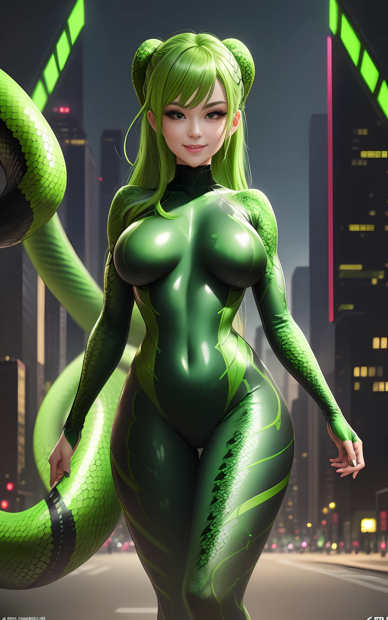 8k,Full body photo+ woman snake with green scaly skin like Spiderman green outfit with scales,tight tight,red eyes,green hair with lizo ,XL size bust,well drawn hand,Anime style,Unreal Engine 5,Max resolution+quality+sharpness,lots of detail,viewer smile,Background:New York City Park