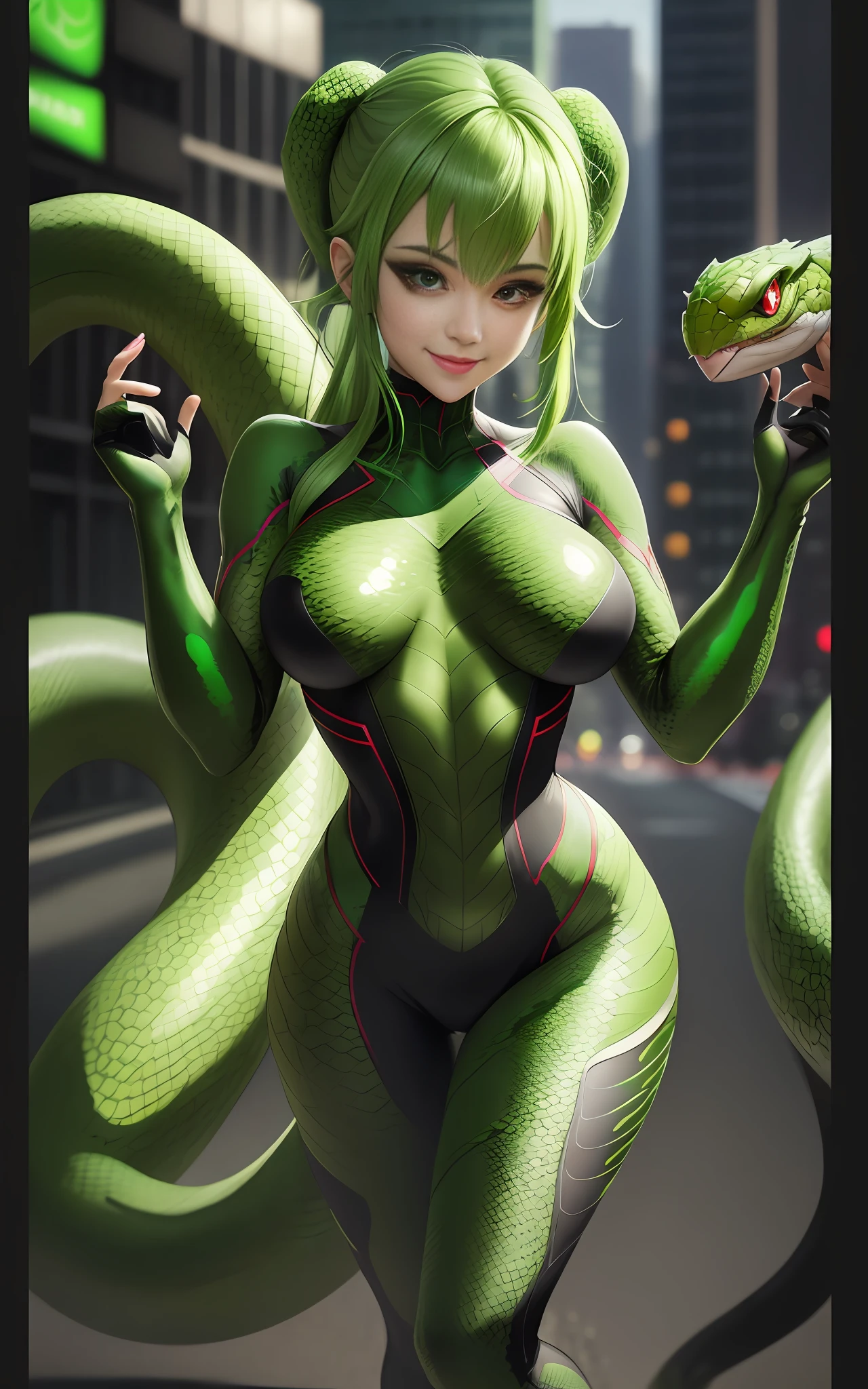 8k,Full body photo+ woman snake with green scaly skin like Spiderman green outfit with scales,tight tight,red eyes,green hair with lizo ,XL size bust,well drawn hand,Anime style,Unreal Engine 5,Max resolution+quality+sharpness,lots of detail,viewer smile,Background:New York City Park