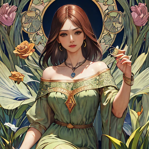 Masterpiece, top quality, Alphonse Mucha, Art Nouveau,
 (Tarot Card Style: 1.3), a unique tarot card framework incorporating floral and green elements,
dull bangs, long black straight hair, looking at the viewer,
On the banks of lush springs, mystical maidens in flowery translucent lace gowns dance with ethereal creatures, bathed in moonlight illuminating thriving plants and ancient Tarot symbols.
roses, lilies, cherries, irises, leaves, mosses, vines, elegant dresses inspired by nature, necklaces with designs of flowers and leaves, earrings, rings, bracelets, hair ornaments, butterflies, birds, bees, tarot symbols reimagined with flowers and green designs, goddesses, nature backgrounds such as gardens, forests, lakesides, effective use of light and shadow,
Realistic and ultra-realistic realistic 3D, Zentangle,