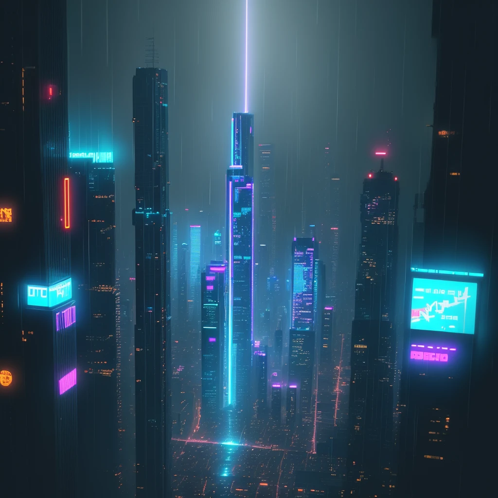 Image flying over a dark cyberpunk city during the rain, with several buildings and neon lights