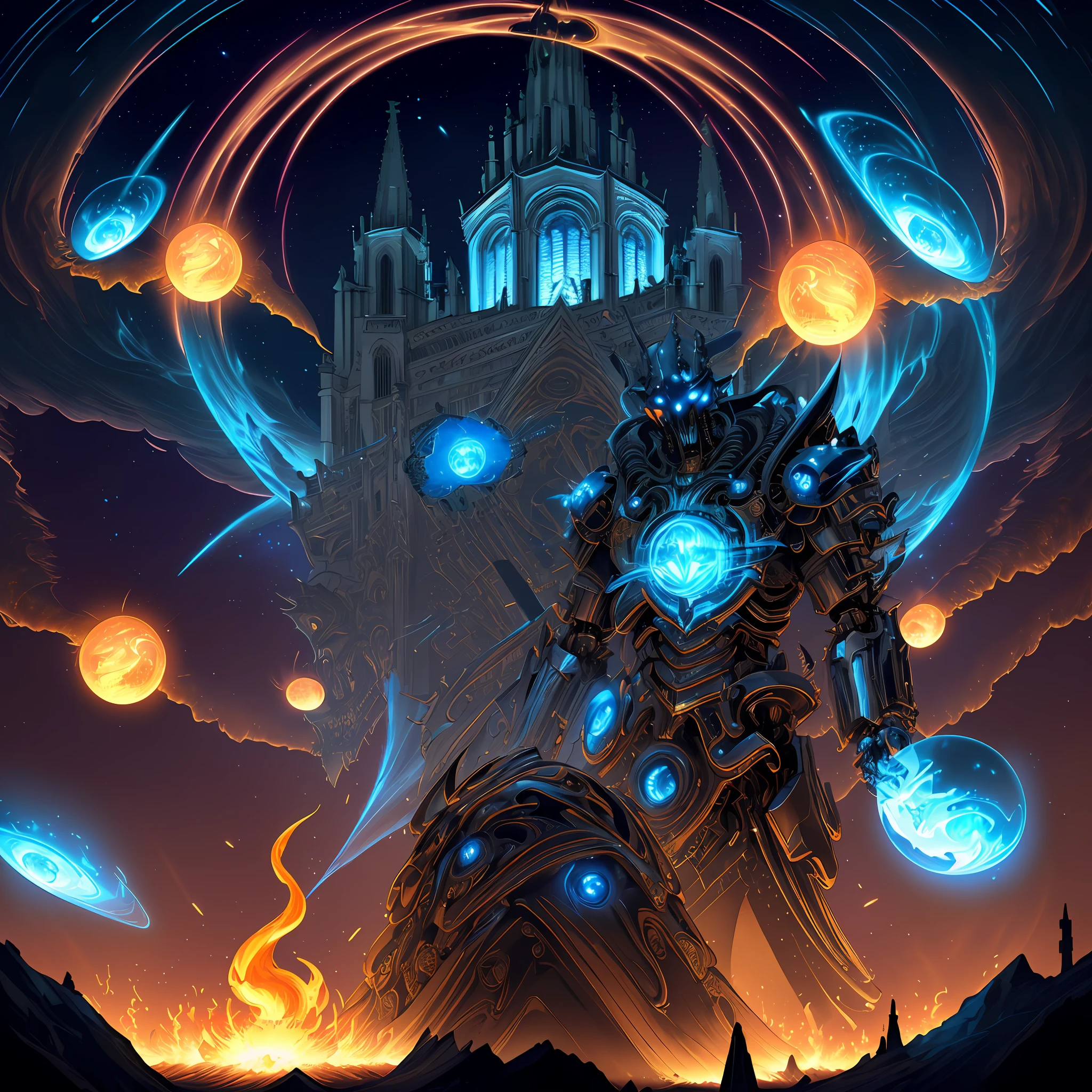 (android mechanical lich in foreground hovering above a massive gothic cathedral)=1.6, robot wings:Unholy Bioluminescent Flame,earnst haeckel, james jean. generative art, baroque, intricate patterns=1.1, fractalism, movie still, photorealistic, intricate, elegant=1.4, highly detailed, artstation, smooth, sharp focus, illustration, outrun, vaporware,epic wide angle shot, (monsters trapped in orbs of pure unholy celestial aura), angle from side, (Golden Death Mask) = 1.8, cinematic lighting, blank stare:yawning, (looking at viewer), {Masterpiece}, ((Massive Unholy blue flame meteors falling in background))=1.7, 1man