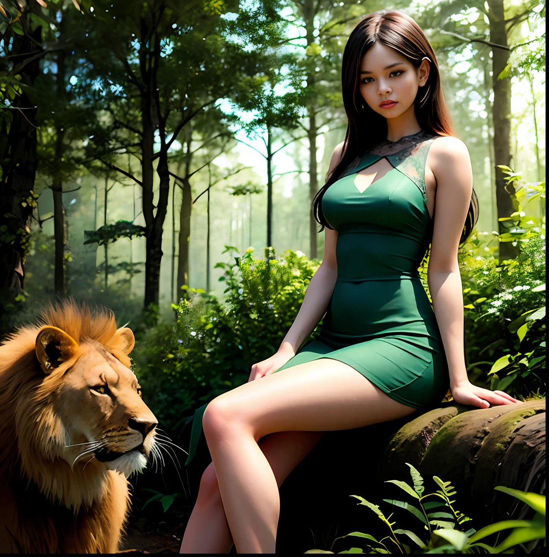 Forest, jungle, dark green forest in background, masterpiece, ultra detailed, ultra realistic hyper beautiful and delicate, 8k unity wallpaper And 1 beautiful woman sitting ,wearing a short dress next to a lion,ida,