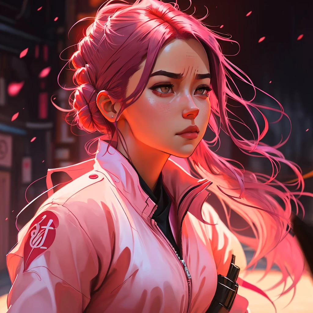 Beautiful woman, Sakura haruno, seductive, ((forehead to show)), alone, attractive, sensual eyes, standing, with arms crossed,red blouse, pink hair, white skin, delicate, young, hair stuck, white pants, detailed face, high definition, full body, ((punching)), defined features, well-drawn strokes, from League of Legends, trend in artstation, by rhads, andreas rock, rossdraws,  Makoto Shinkai, Laurie Greasley, Lois van Baarle, Ilya Kuvshinov and Greg Rutkowski