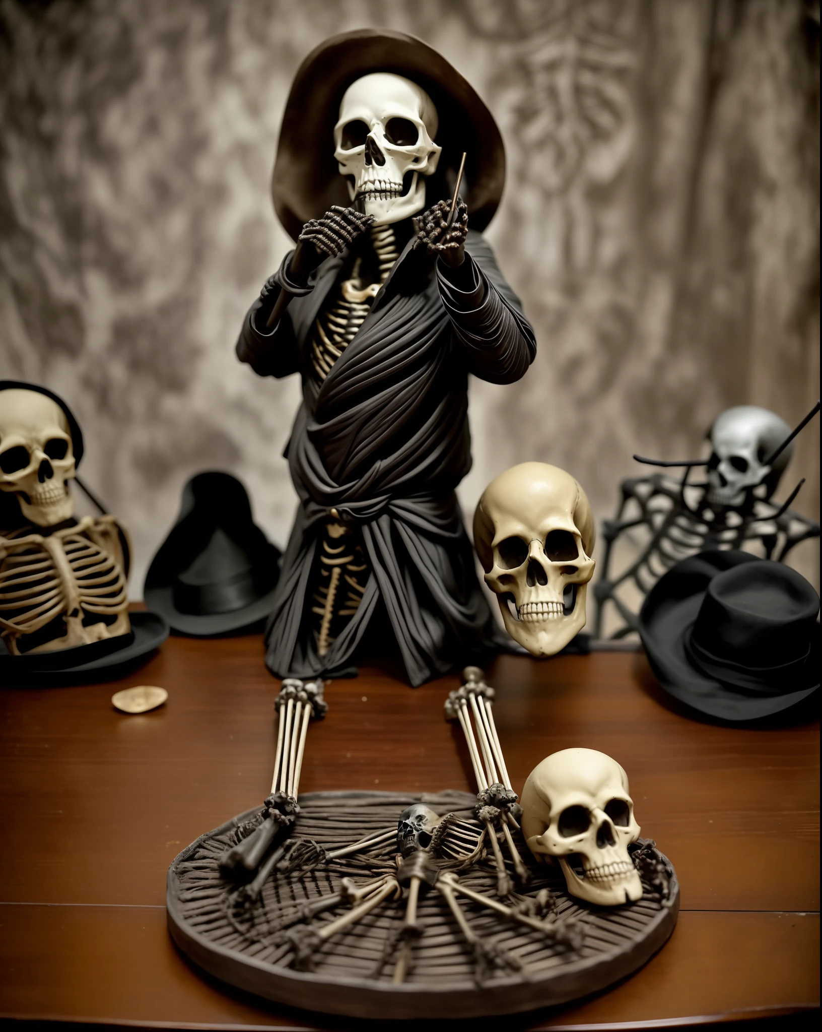 a close up of a statue of a skeleton with a hat on, dug stanat macabre art, samhain figure, reminded me of the grim reaper, creepy black figure standing, tibetan skeleton dancer, there is a skull over a table, the other a skeletal figure, calavera, victorian day of the dead, skeletons smoking cigars, realistic rock figurine