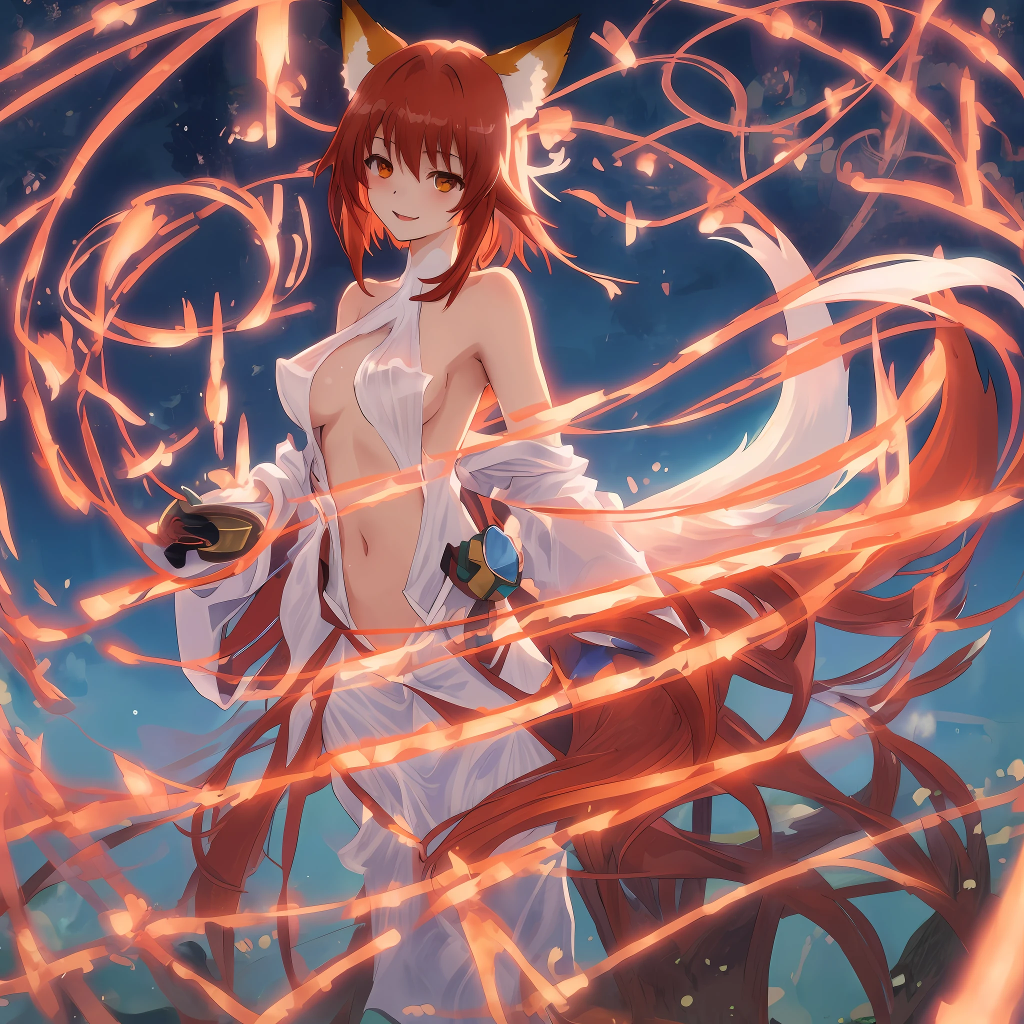 art nouveau, anime, female, fox ears, fox tail, lots of bare skin, fully transparent clothes, bare upper torso, happy, red hair, exposed