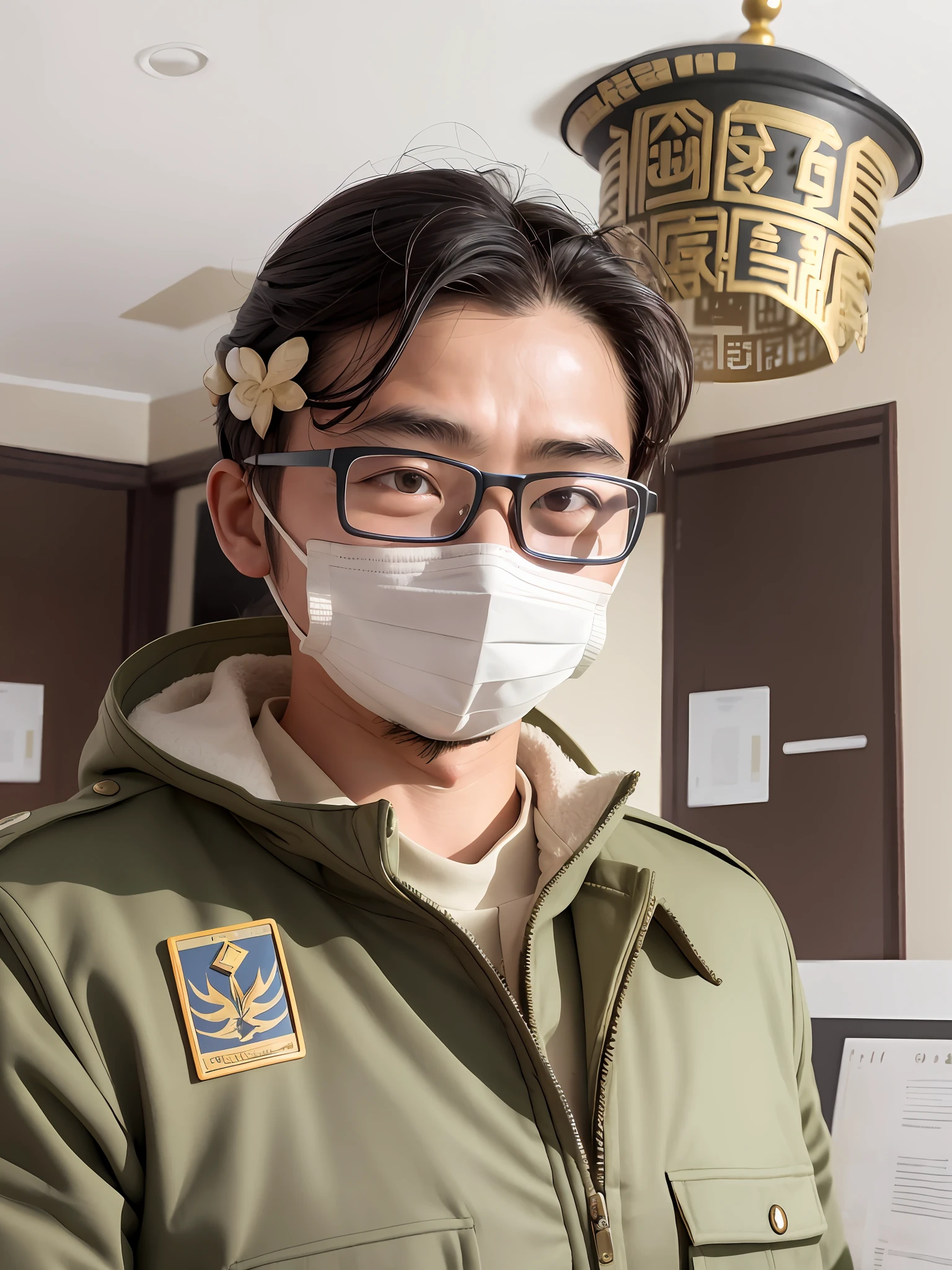 arafed soldier wearing a face mask and glasses in a room, huifeng huang, qichao wang, zeng fanzh, zmonzheng, jinyiwei, xiaofan zhang, xiang duan, xintong chen, xiaolong wang, xiaoguang sun, guangjian huang, yuxiang chen, pengzhen zhang
