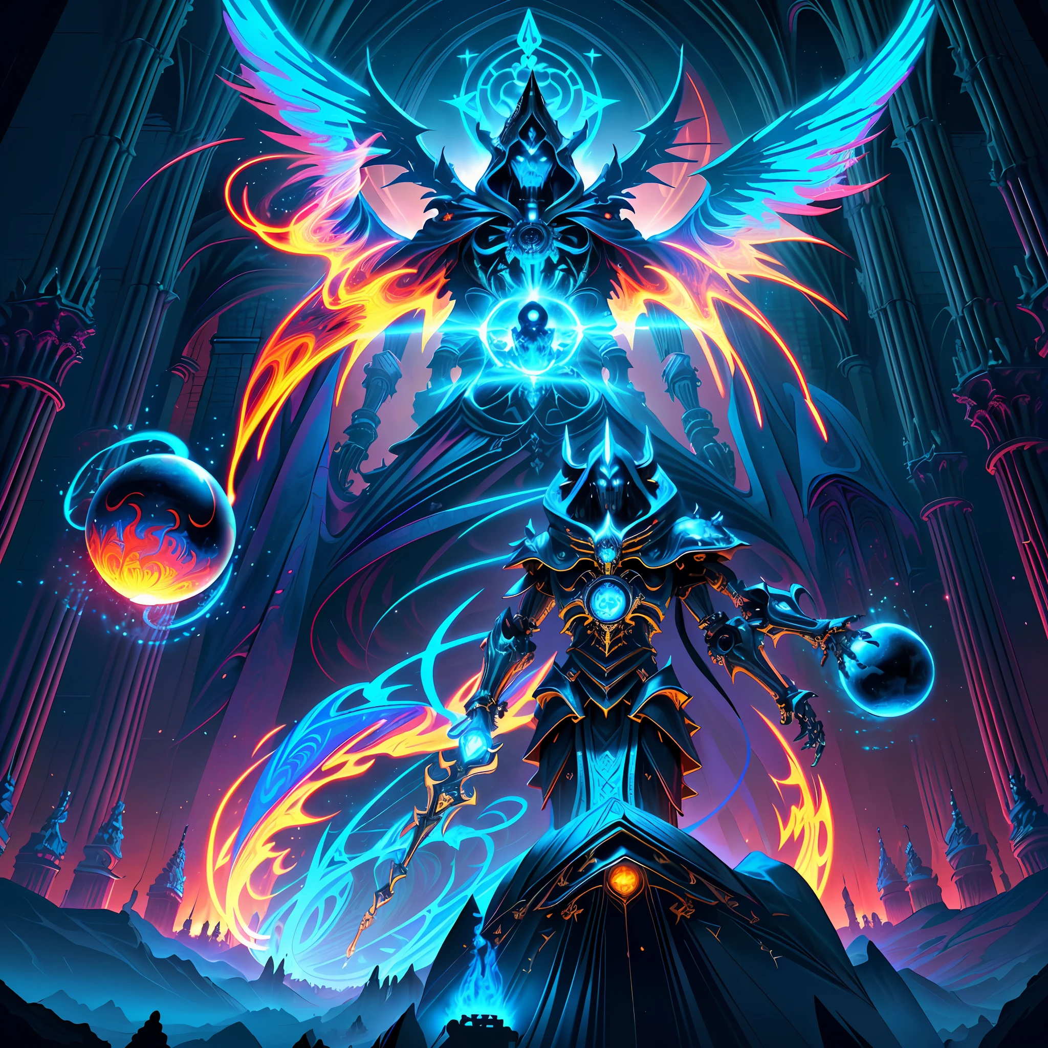 (android mechanical lich in foreground hovering above a massive gothic cathedral)=1.6, robot wings:Unholy Bioluminescent Flame,earnst haeckel, james jean. generative art, baroque, intricate patterns=1.1, fractalism, movie still, photorealistic, intricate, elegant=1.4, highly detailed, artstation, smooth, sharp focus, illustration, outrun, vaporware,epic wide angle shot, (monsters trapped in orbs of pure unholy celestial aura), angle from side, (Golden Death Mask) = 1.8, cinematic lighting, blank stare:yawning, (looking at viewer), {Masterpiece}, ((Massive Unholy blue flame meteors falling in background))=1.7, 1man