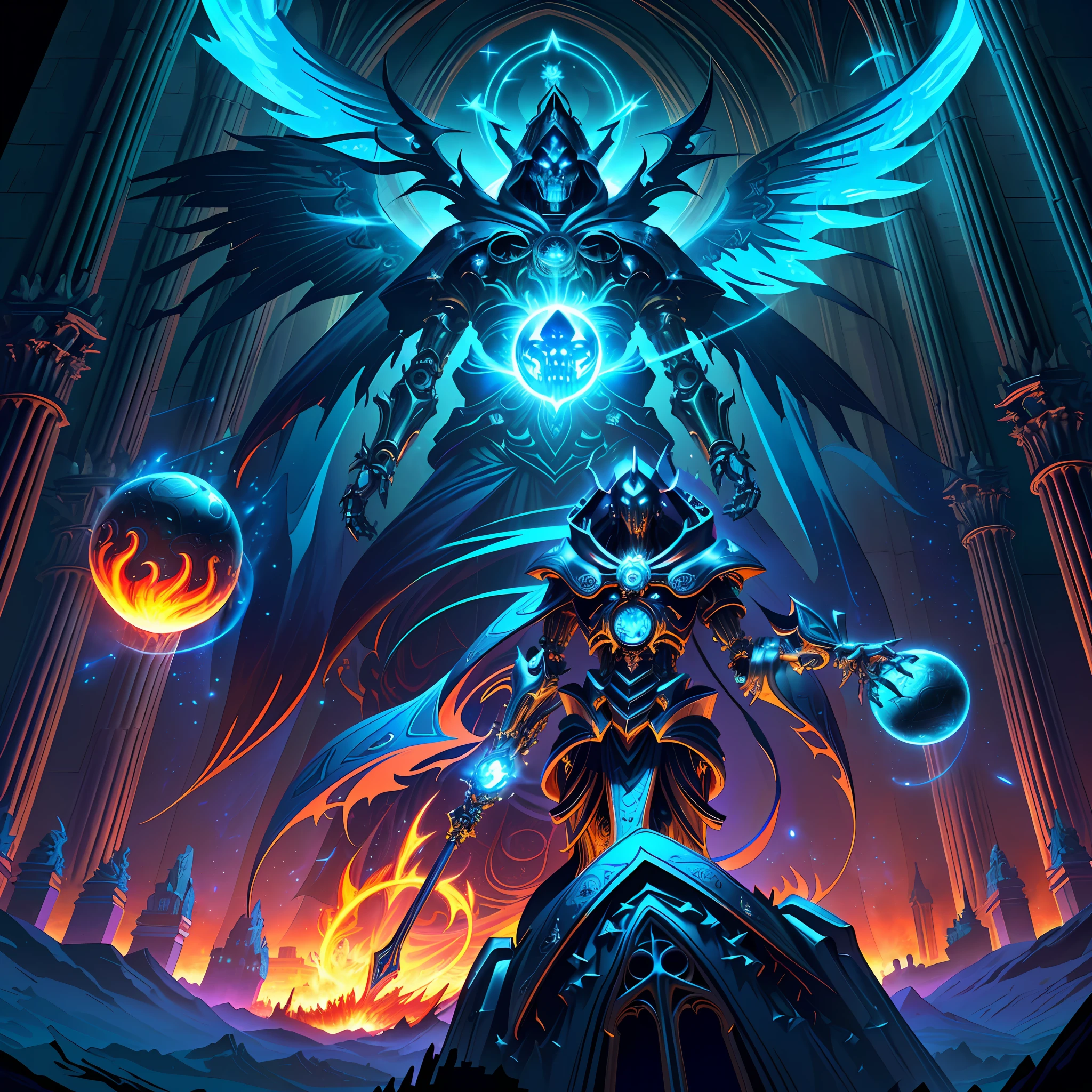 (android mechanical lich in foreground hovering above a massive gothic cathedral)=1.6, robot wings:Unholy Bioluminescent Flame,earnst haeckel, james jean. generative art, baroque, intricate patterns=1.1, fractalism, movie still, photorealistic, intricate, elegant=1.4, highly detailed, artstation, smooth, sharp focus, illustration, outrun, vaporware,epic wide angle shot, (monsters trapped in orbs of pure unholy celestial aura), angle from side, (Golden Death Mask) = 1.8, cinematic lighting, blank stare:yawning, (looking at viewer), {Masterpiece}, ((Massive Unholy blue flame meteors falling in background))=1.7, 1man