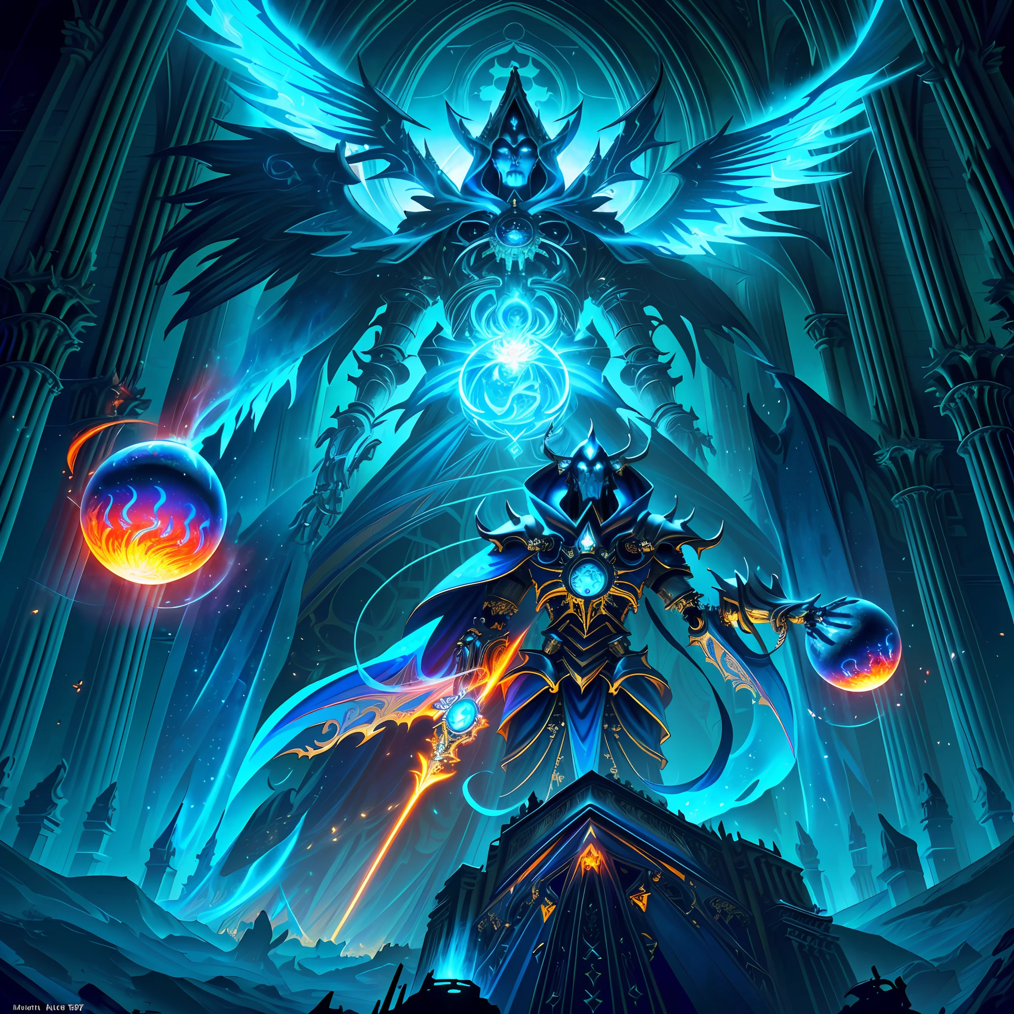 (android mechanical lich in foreground hovering above a massive gothic cathedral)=1.6, robot wings:Unholy Bioluminescent Flame,earnst haeckel, james jean. generative art, baroque, intricate patterns=1.1, fractalism, movie still, photorealistic, intricate, elegant=1.4, highly detailed, artstation, smooth, sharp focus, illustration, outrun, vaporware,epic wide angle shot, (monsters trapped in orbs of pure unholy celestial aura), angle from side, (Golden Death Mask) = 1.8, cinematic lighting, blank stare:yawning, (looking at viewer), {Masterpiece}, ((Massive Unholy blue flame meteors falling in background))=1.7, 1man
