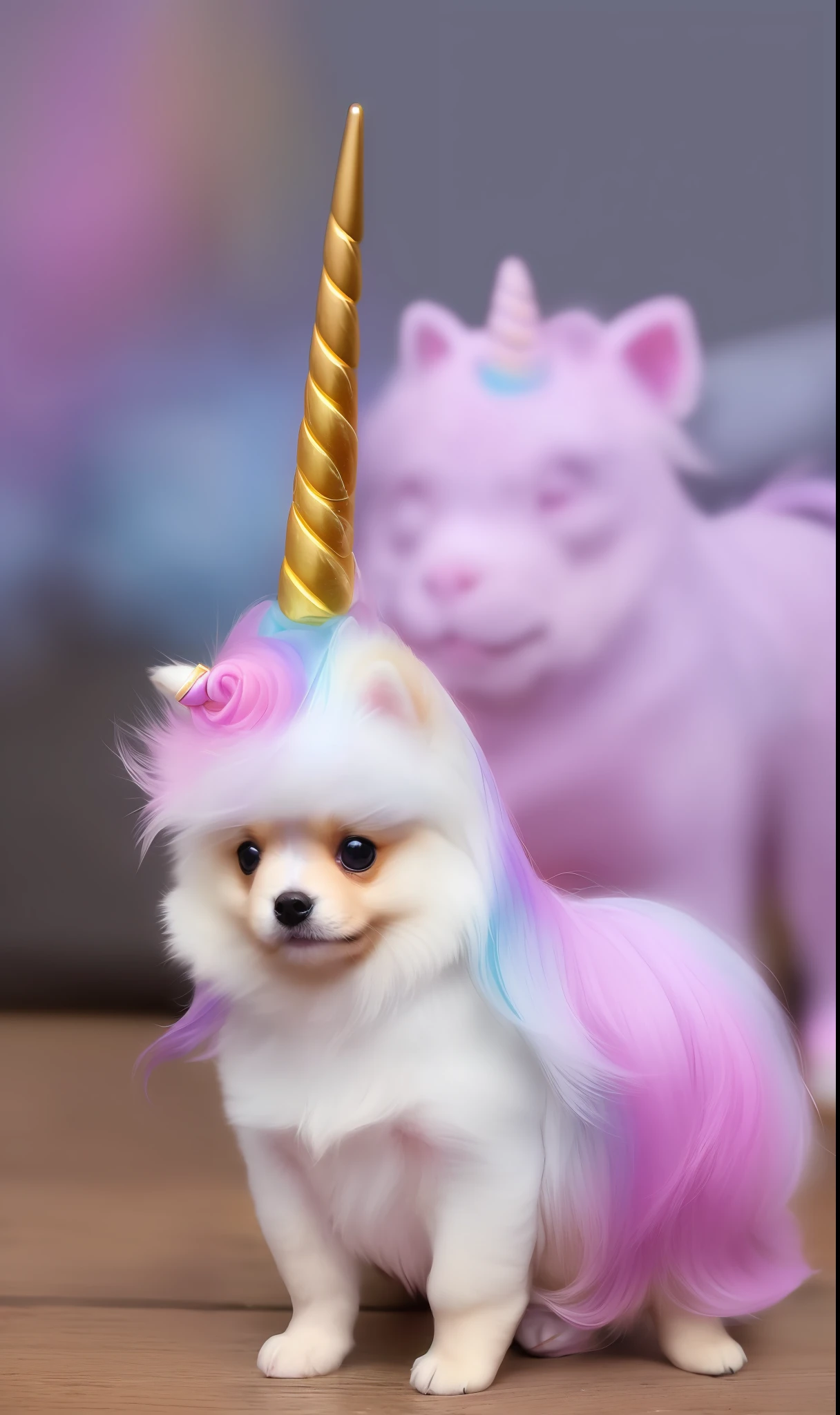 "((A puppy), (Breed: Pomeranian Lulu), (High definition), (Super realistic)), ((Style: Unicorn outfit), (Posing for photo), (Super realistic)), (Background blur)) - Cute, posing for photo."