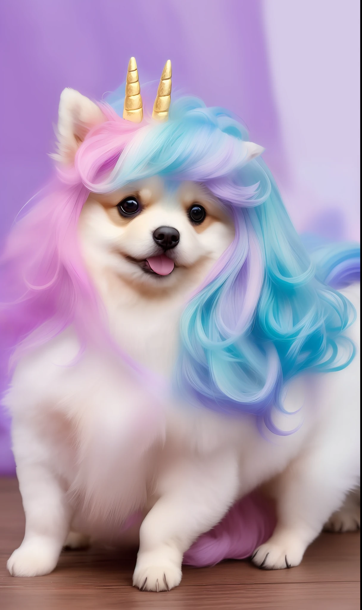 "((A puppy), (Breed: Pomeranian Lulu), (High definition), (Super realistic)), ((Style: Unicorn outfit), (Posing for photo), (Super realistic)), (Background blur)) - Cute, posing for photo."