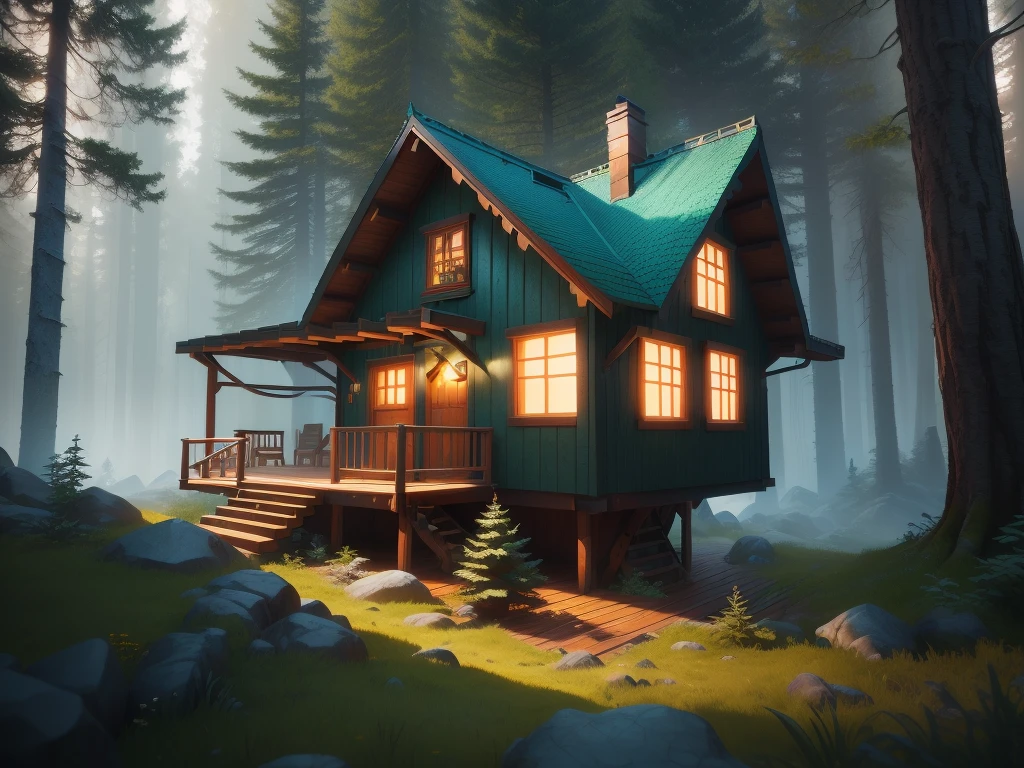 a close up of a small house in a forest with a wooden deck, stylized concept art, stylized 3d render, 3 d render stylized, video game environment design, unreal engine fantasy art, game environment design, stylized game art, environment artist, fantasy forest environment, environment art, rendered in unrealengine, stylized as a 3d render