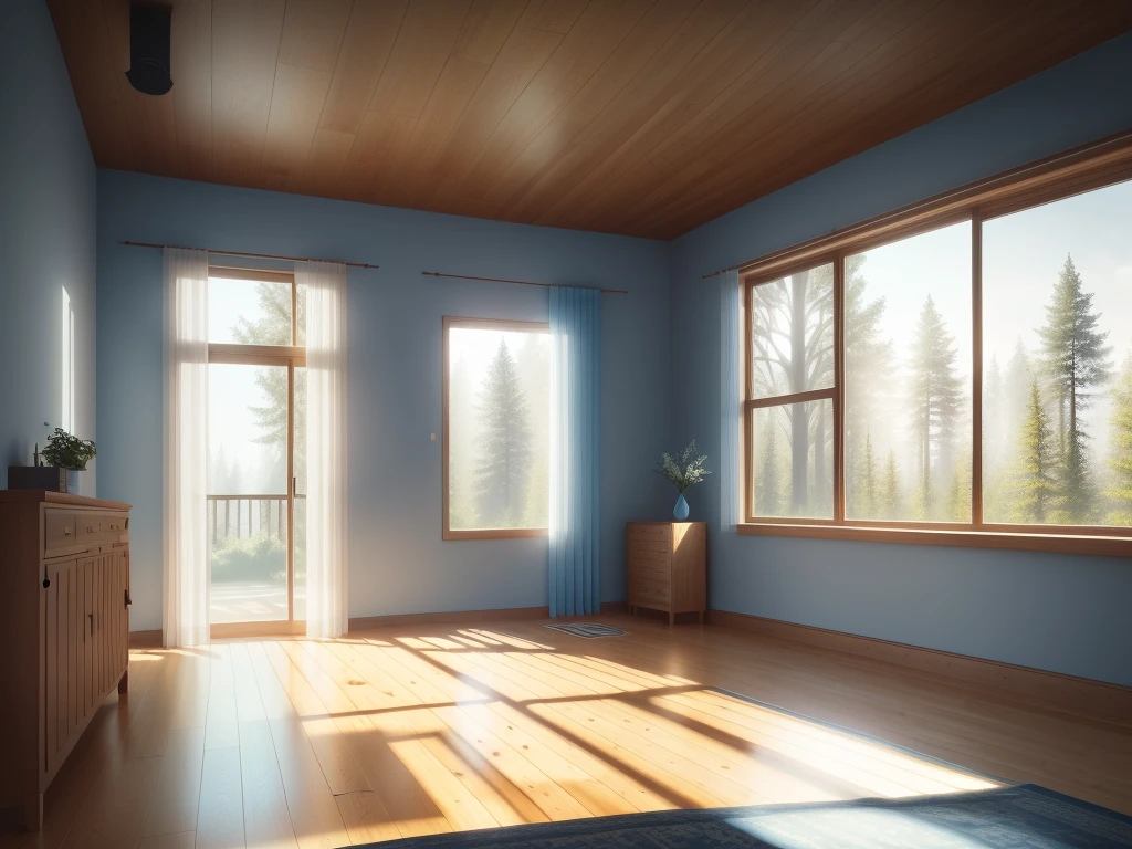View of a room with a large window where you can see some trees, the room is in neutral tones, with some details in blue, wooden floor. Realistic rendering, soft light, realistic light calculation, fine details, extremely realistic, unreal engine