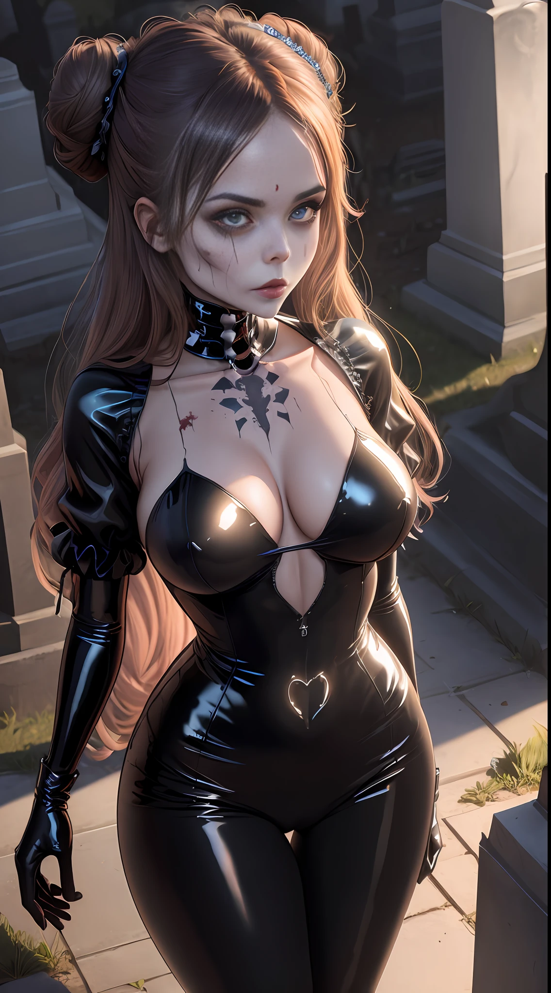 Image of a zombie skeleton woman, with latex maid outfit tight on her body, she is in a cemetery full of zombies, looking at the viewer, long hair, heart hair bun, anime, reflection light, 16k, super detail, textured skin