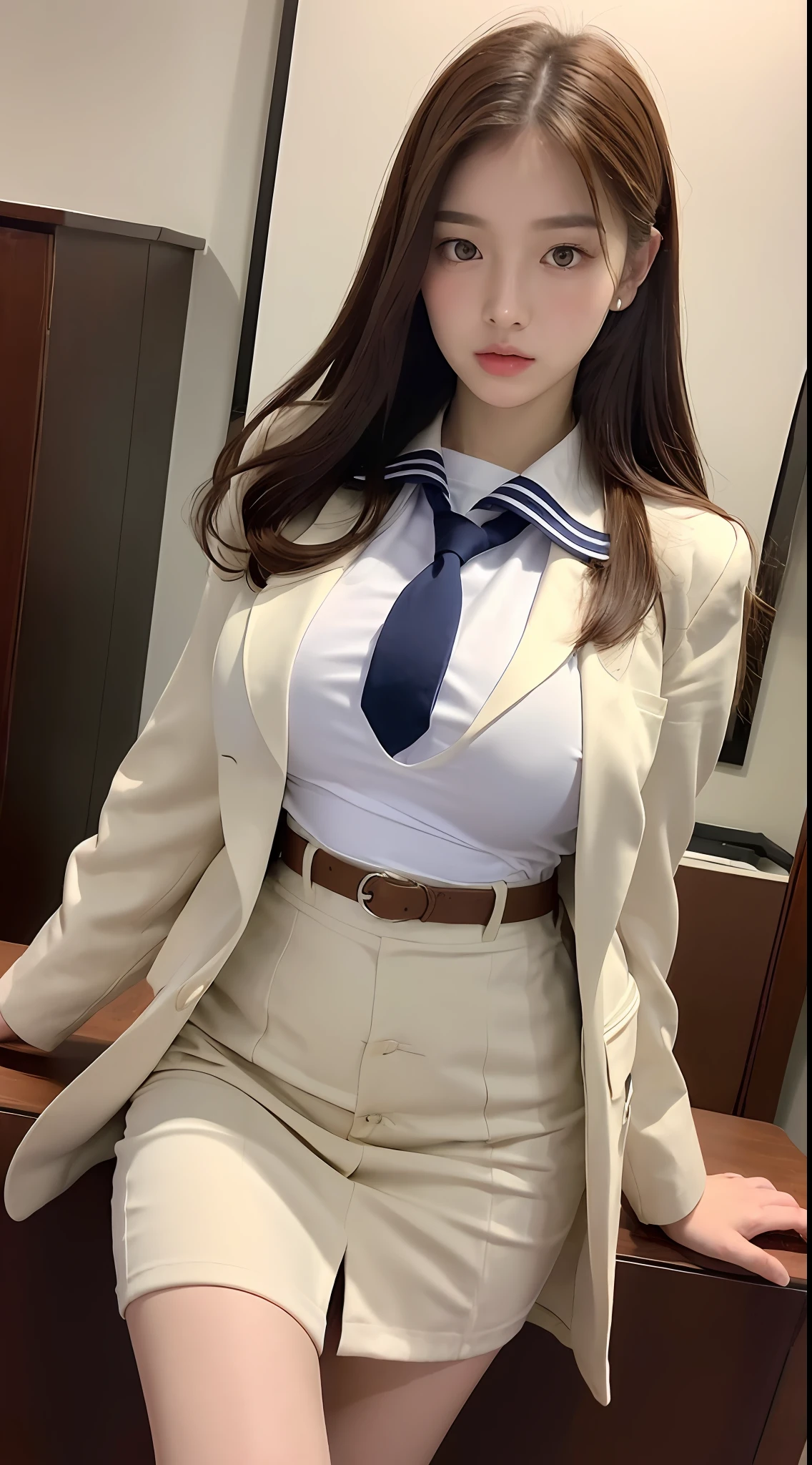 ((Night Scene, Realistic Light, Best Quality, 8k, Masterpiece: 1.3)), 1girl, Pretty Woman with Slender Body: 1.4, (Brown Hair,gigantic Breasts:1.4), Bed, Super Detailed Face, Detailed Eyes, Double Eyelids , asian woman posing for photo in pink skirt and white shirt, japanese girl school uniform, korean girl, japanese school uniform, loose coat collar sailor uniform, sakimichan, amazing student uniform, white fashionable clothes, ulzzang, wearing japanese school uniform , sleek white bodysuit set, cute kawaii girl, Korean women&#39;s fashion model