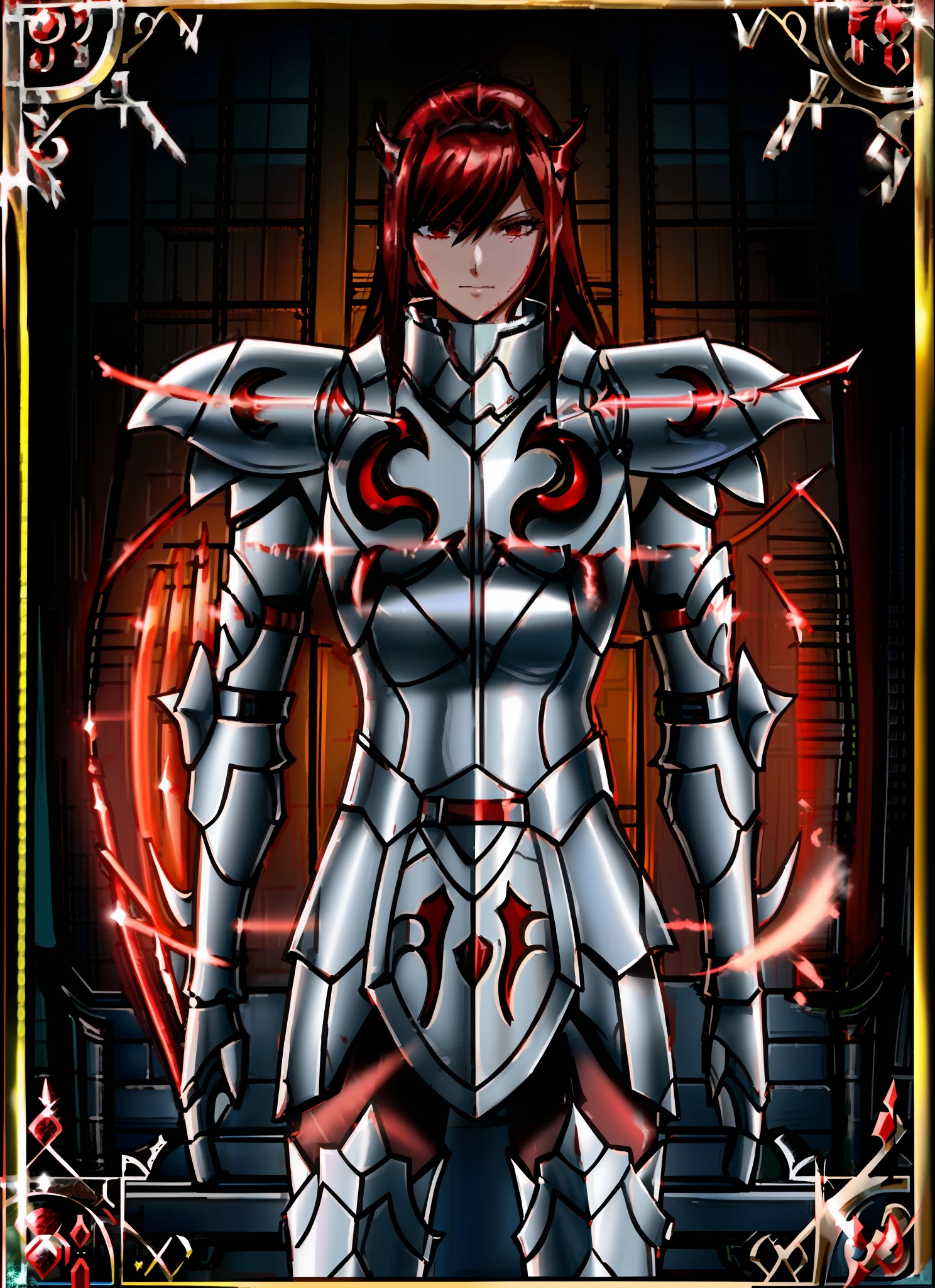 a close up of a person in armor with a sword, red armor, red demon armor, blood red armor, lady in red armor, draconic looking armor, official art, dragon ancient full plate armor, knights of zodiac girl, red leather armor, official character art, demon armor, demonic dragon inspired armor, silver armor and red clothing, red heavy armor