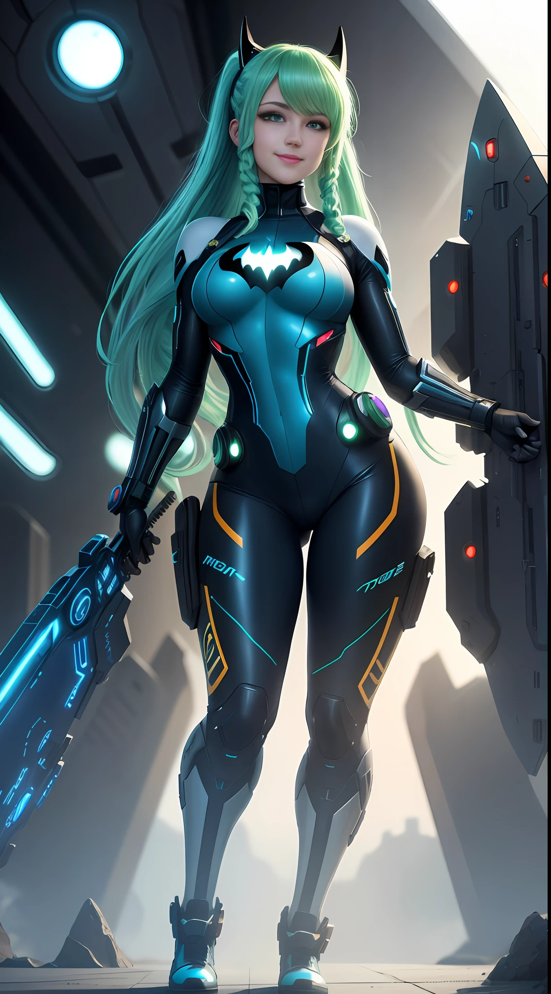 8k, full body photo of a 20 year old girl as Batman, Samus Aran. Maxima, Maxima resolution, Maxima quality, extremely detailed, best sharpness, Unreal Engine 5, Anime, Masterpiece. Background, inside spaceship. Blue eyes, Long green hair with braids, XL bust, holding futuristic weapons, looking to the viewer with a smile on his face.