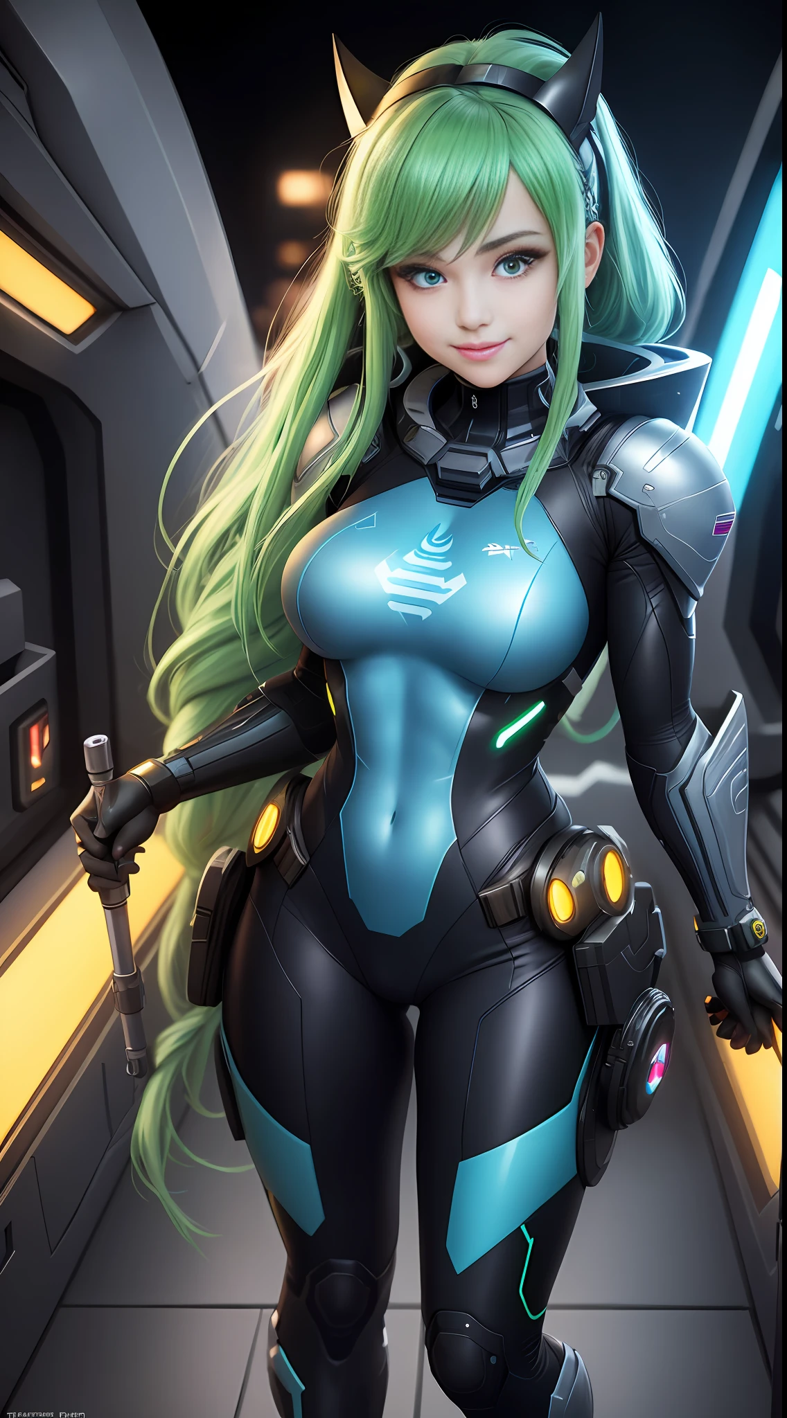 8k, full body photo of a 20 year old girl as Batman, Samus Aran. Maxima, Maxima resolution, Maxima quality, extremely detailed, best sharpness, Unreal Engine 5, Anime, Masterpiece. Background, inside spaceship. Blue eyes, Long green hair with braids, XL bust, holding futuristic weapons, looking to the viewer with a smile on his face.