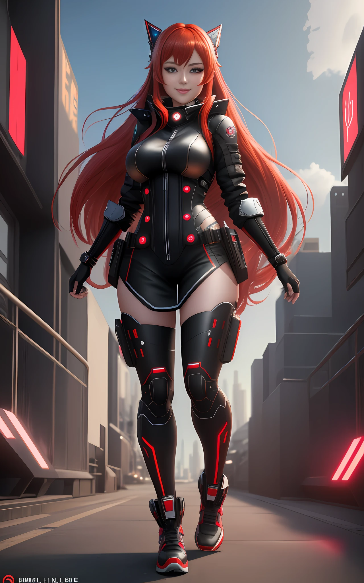 Full Body Shot of Girl, 8k, Unreal Engine 5, Anime Style, Maximum Resolution, Maximum Quality, Extremely Detailed, Best Sharpness, Futuristic City, Red Eyes, Long Red Hair, In Futuristic City, XL Bust, Futuristic Outfit tight on the body, looking at the viewers with a smile.