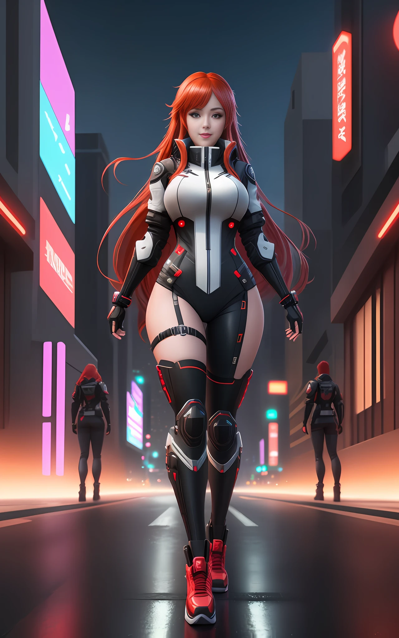 Full Body Shot of Girl, 8k, Unreal Engine 5, Anime Style, Maximum Resolution, Maximum Quality, Extremely Detailed, Best Sharpness, Futuristic City, Red Eyes, Long Red Hair, In Futuristic City, XL Bust, Futuristic Outfit tight on the body, looking at the viewers with a smile.