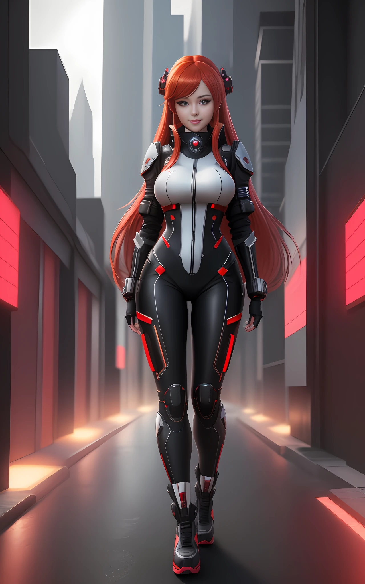 Full Body Shot of Girl, 8k, Unreal Engine 5, Anime Style, Maximum Resolution, Maximum Quality, Extremely Detailed, Best Sharpness, Futuristic City, Red Eyes, Long Red Hair, In Futuristic City, XL Bust, Futuristic Outfit tight on the body, looking at the viewers with a smile.