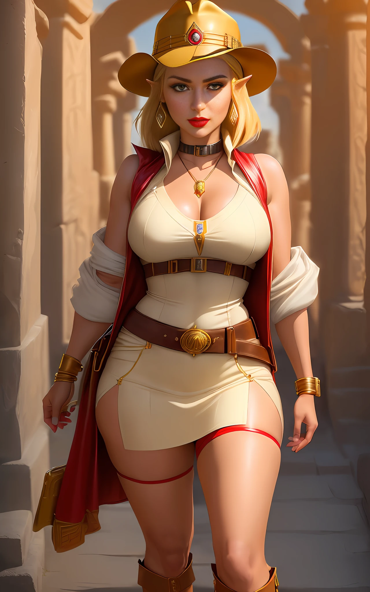 ((Style Anime))+Indiana Jones the Last Crusade Style, masterpiece, Ureal Engina 5,(((Knee-length princess body image)+, well-detailed facial structure, light makeup on her face with red lipstick on her mouth)), Princess Zelda wearing the Indiana Jones-style archaeologist outfit, looking at the viewer, pure gold ancient inca temple background