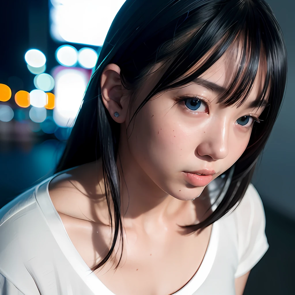 Night city in Tokyo, dim lighting, full body,realistic beautiful young japanese woman, perfect face, blue eyes, white t-shirt, black jeans, cinematic lighting, look at the veiwer, pov, ((((high detail skin)))), [[[freckles]]], 8k, sharp focus,