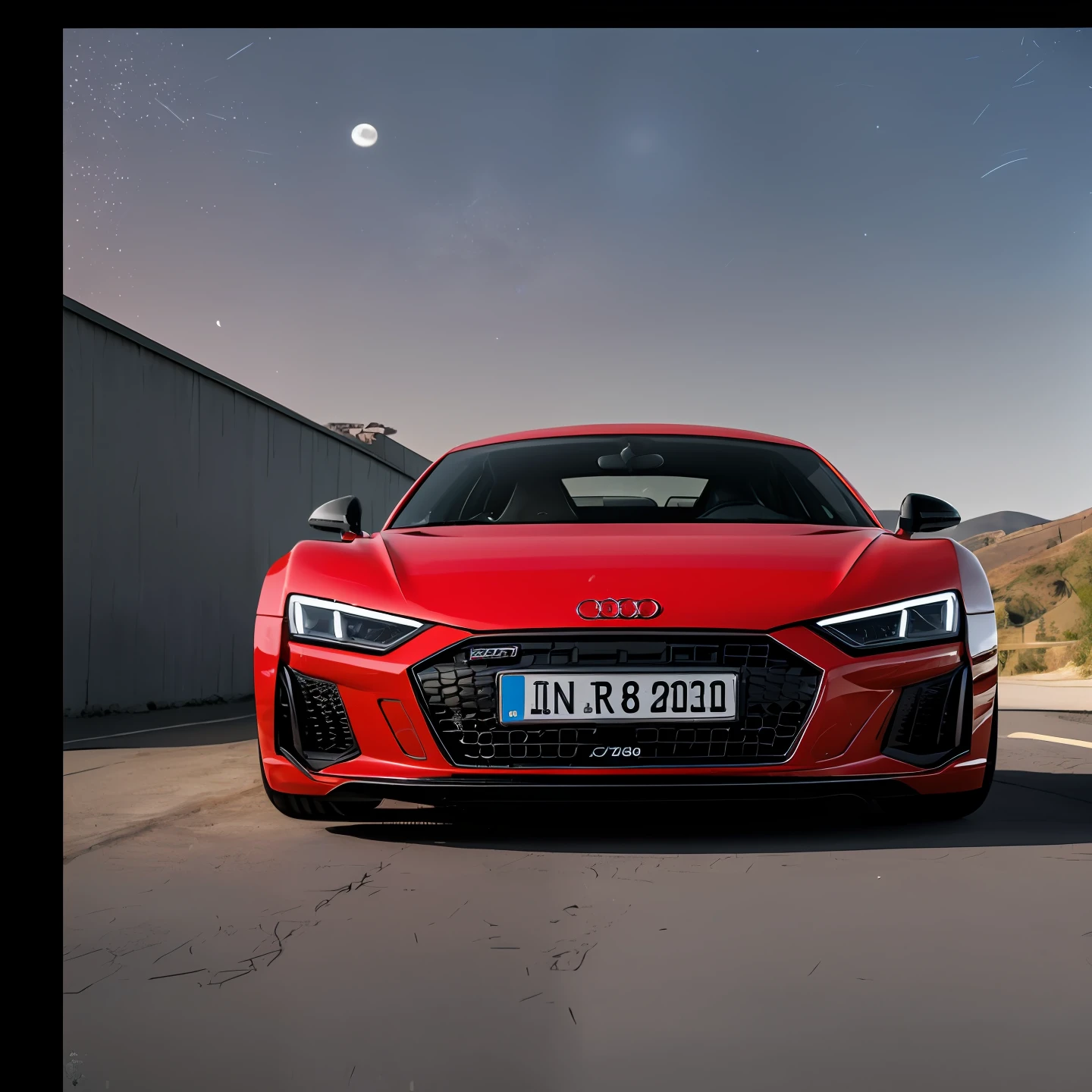 Audi R8 2021 red with two black stripes in the middle, minimalist custom wheels of 5 spokes, symmetrical, proportional, realistic, best angle, masterpiece, best quality, ultra-detailed, solo, (night), nature, (stars, moon) smoke, shadows, contrast, clear sky, style, (warm hue, warm tone)