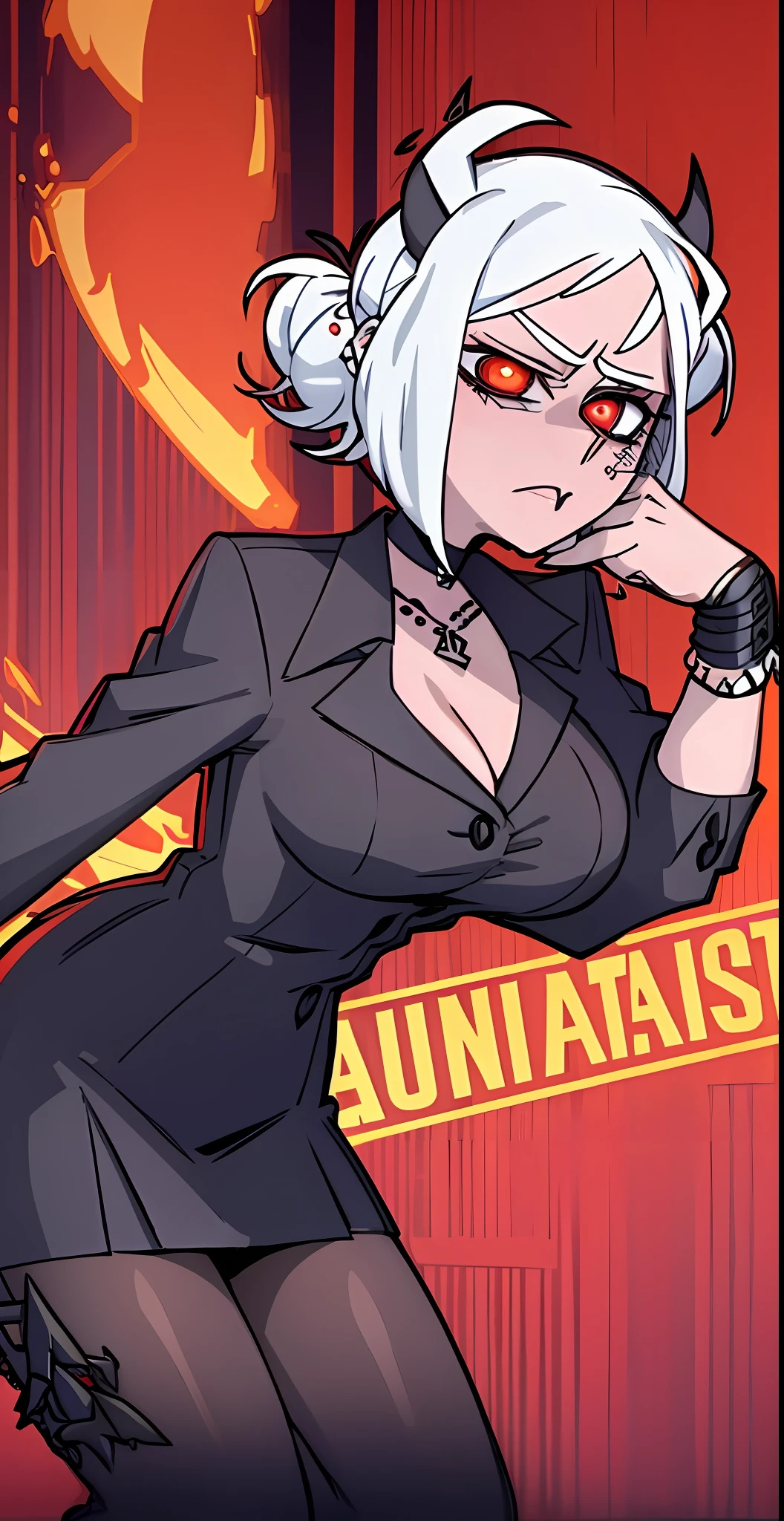 masterpiece, best quality, Modeus \(helltaker\), horns, white hair, demon girl, 1girl, full body, secretary outfit, black skirt, pantyhose, white shirt, heels, demon horns, breasts, red eyes, short hair, black horns, hair over one eye, piercing, jewelry, tail, demon tail, choker, lip piercing, necklace, gigantic breasts,