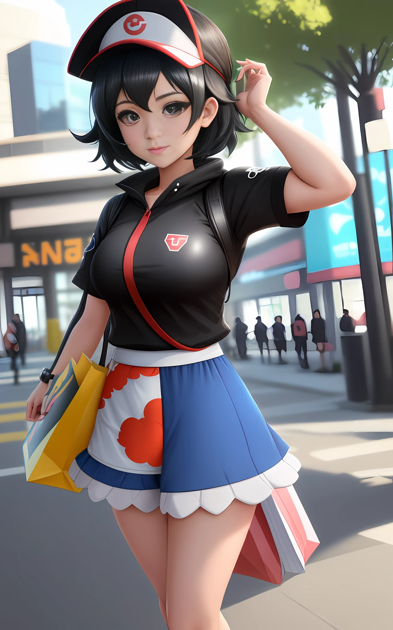 Create a very detailed 8k image,using Unreal engine 5 and Anime Pokemon style,Anime Pokemon universe,Subject: Half full body shot photo of a Female pokemon trainer,hat on head,Short black hair,Blue eyes,looking at the spectator,Pokemons in the background. Background:City with shopping center.