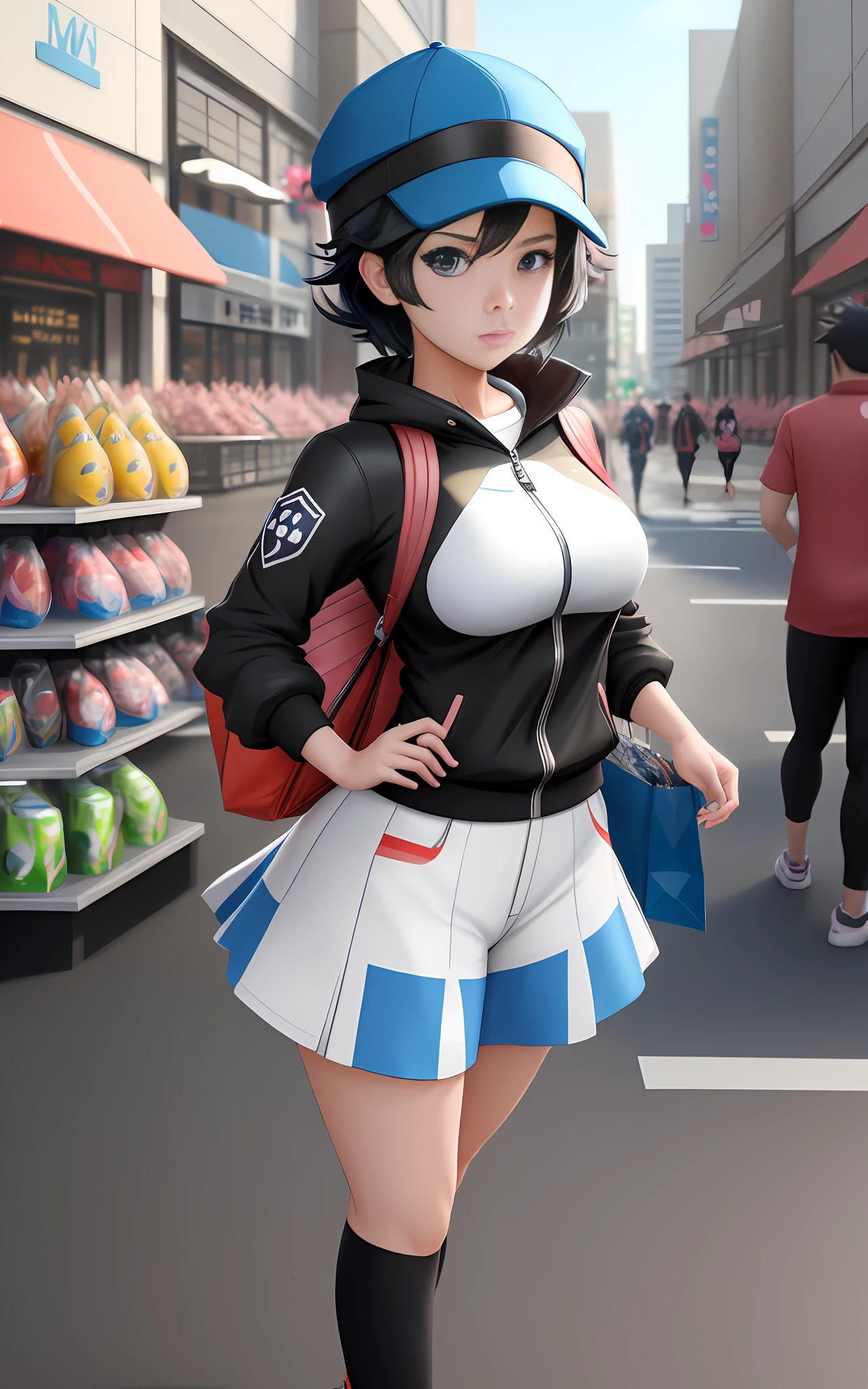 Create a very detailed 8k image,using Unreal engine 5 and Anime Pokemon style,Anime Pokemon universe,Subject: Half full body shot photo of a Female pokemon trainer,hat on head,Short black hair,Blue eyes,looking at the spectator,Pokemons in the background. Background:City with shopping center.