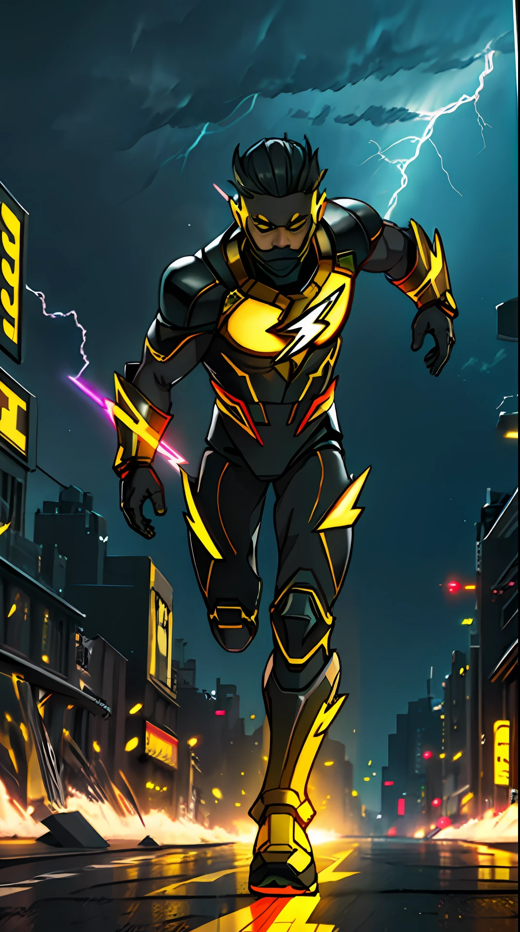 the flash , black and yellow armor, invoked mask, running, in the background a city, lightning in the sky, ultra details, ultra realistic, cinematic , octane render, 16k