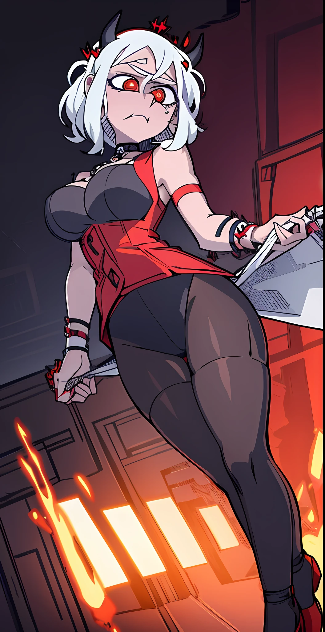 masterpiece, best quality, Modeus \(helltaker\), horns, white hair, demon girl, 1girl, full body,swimsuit, black skirt, pantyhose, white shirt, heels, demon horns, gigantic breasts, red eyes, short hair, black horns, hair over one eye, piercing, jewelry, tail, demon tail, choker, lip piercing, necklace, gigantic breasts,
