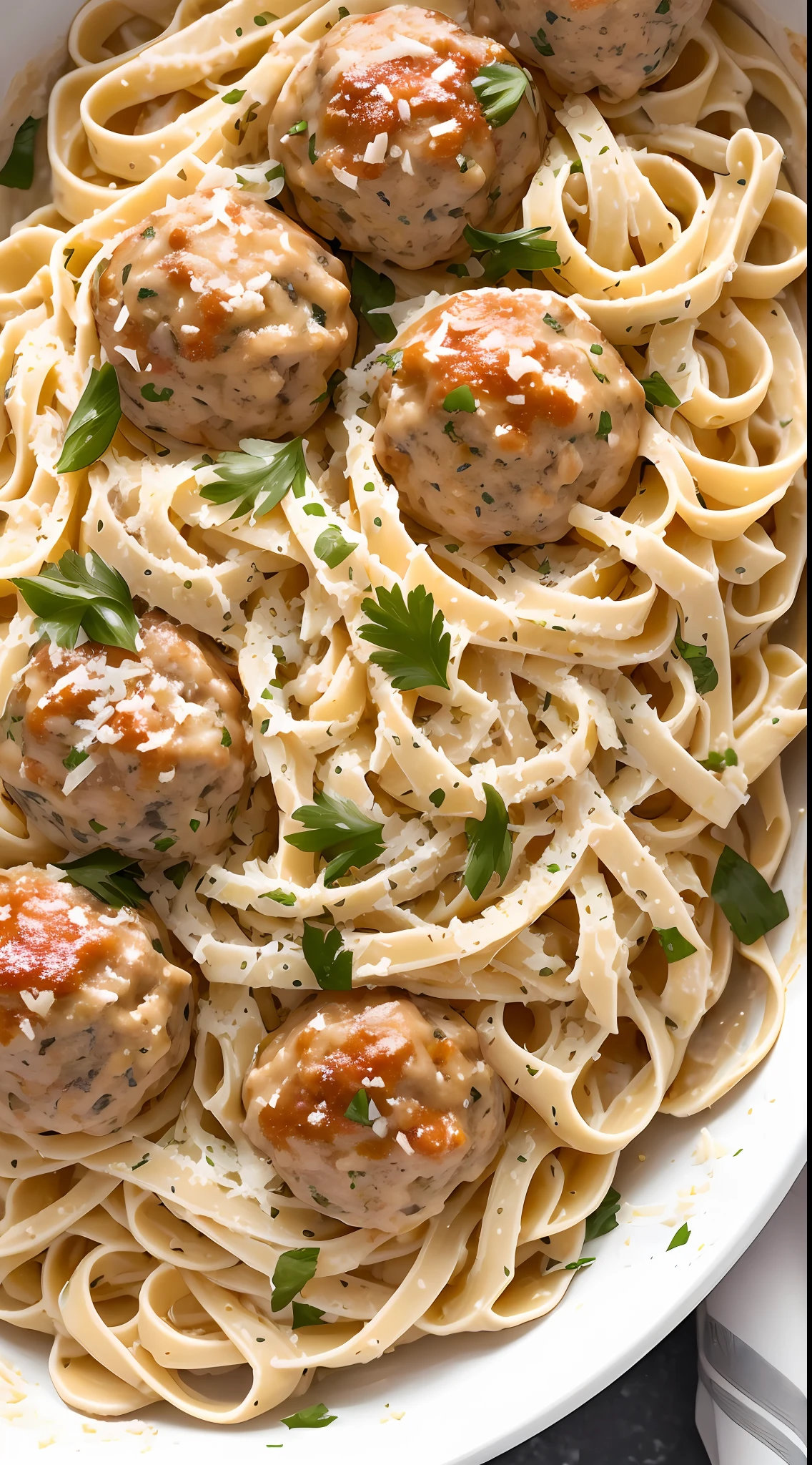 a creamy fettuccine pasta with fresh parmesan and meatballs, food photography,closeup