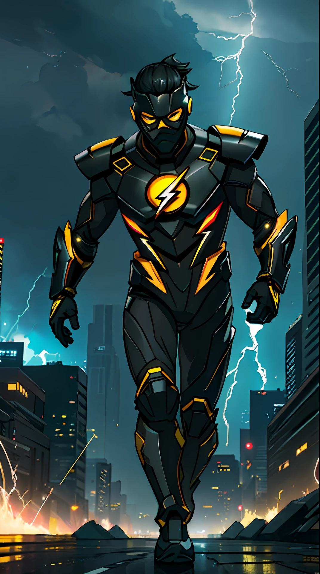 the flash , black and yellow armor, invoked mask, running, in the background a city, lightning in the sky, ultra details, ultra realistic, cinematic , octane render, 16k