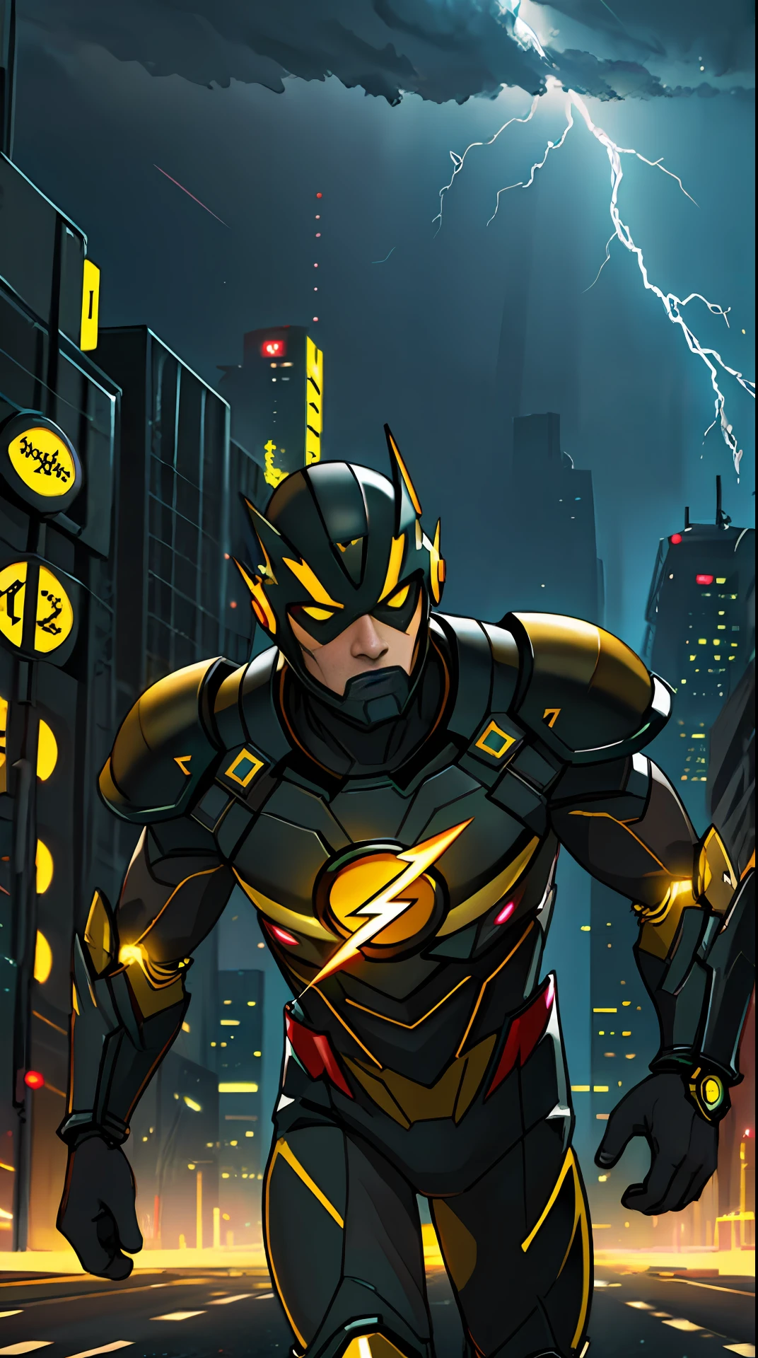 the flash , black and yellow armor, invoked mask, running, in the background a city, lightning in the sky, ultra details, ultra realistic, cinematic , octane render, 16k