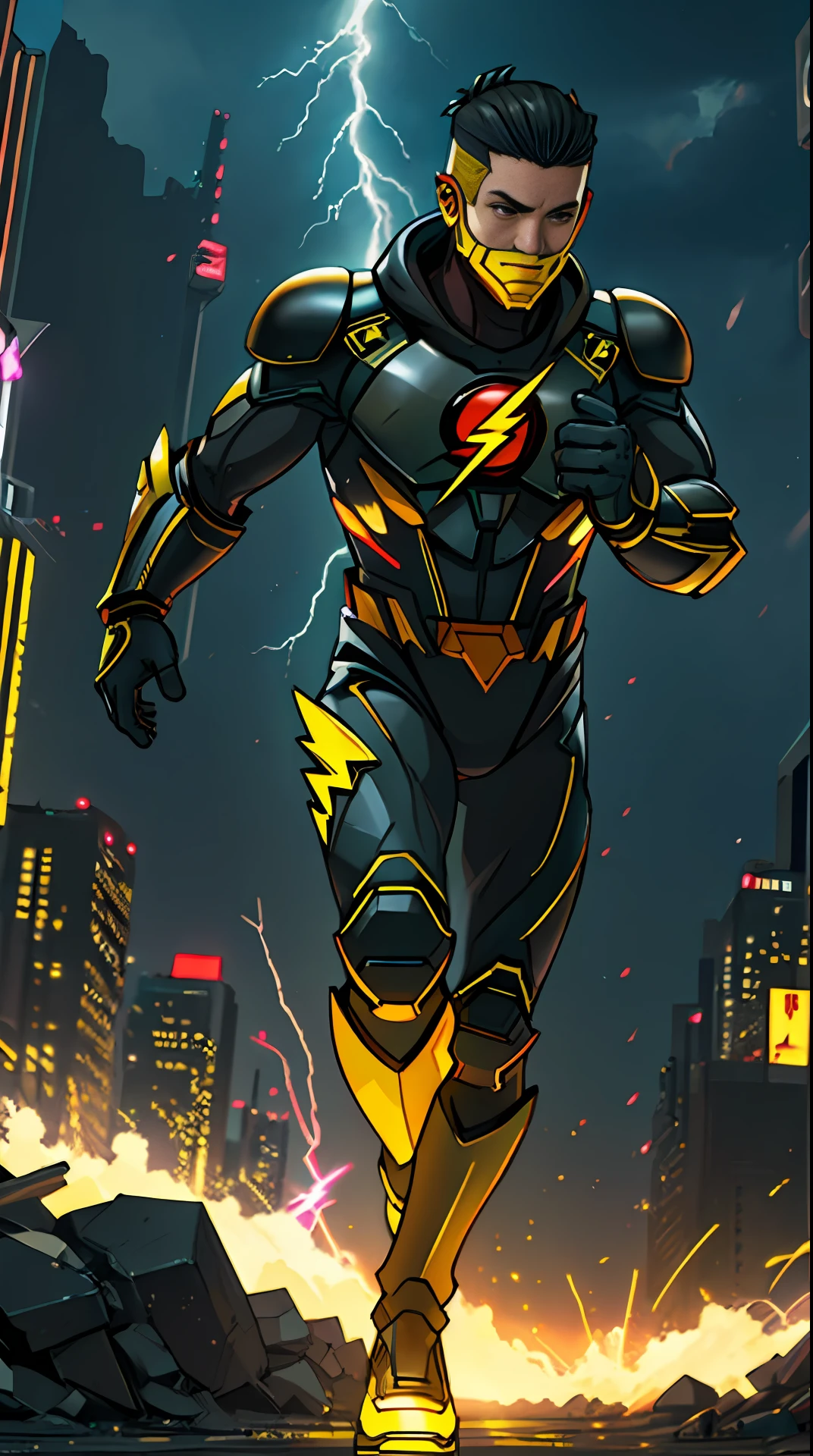 the flash , black and yellow armor, invoked mask, running, in the background a city, lightning in the sky, ultra details, ultra realistic, cinematic , octane render, 16k