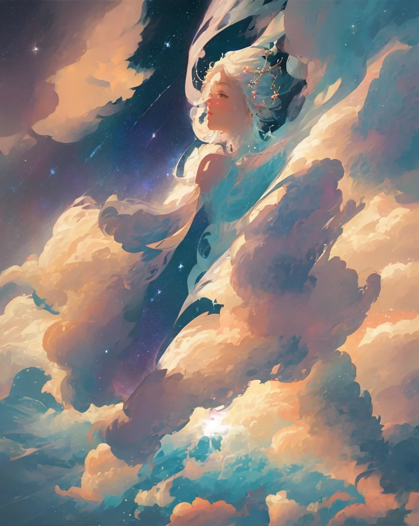 celestial goddess, floating, clouds,galaxy,nebula