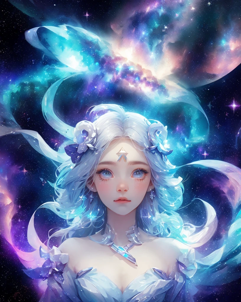 celestial goddess, floating, clouds,galaxy,nebula