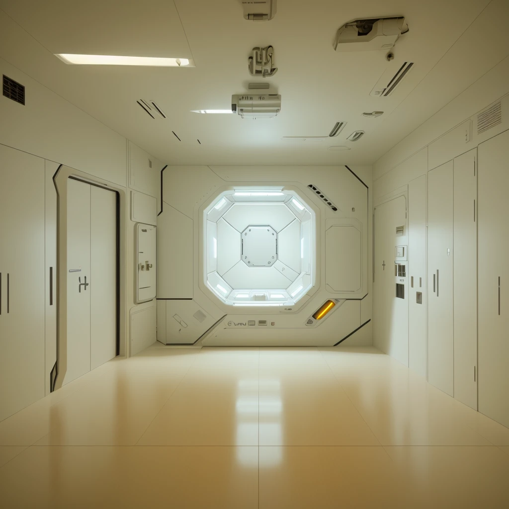 Space navy interior empty bone white, space control room with nothing but walls and floor, futuristic room bone white, fictional spaceship of the 80s, empty interior clean bone white