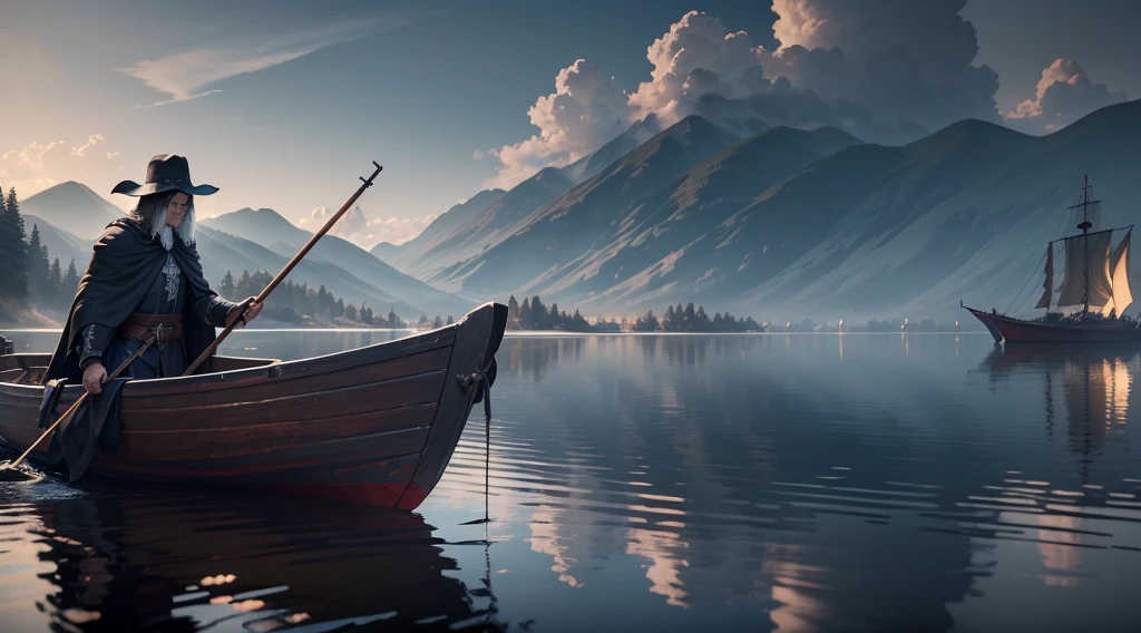 Masterpiece, best quality, (very detailed CG unit 8k wallpaper) (best quality), (best illustration), (best shadows) dark boatman, with black robe, ((horror)) near a lake, small wooden boat on the lake, medieval, ray tracing, sinister environment, ultra detailed, --v6